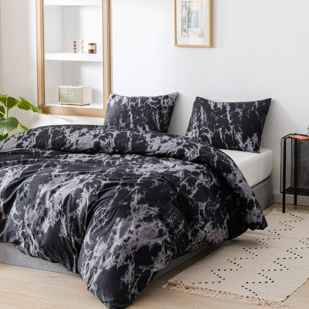 JANZAA 3 PCS Duvet Cover Set Queen Marble Pattern Printed Black Soft Microfiber Bedding Set with Zipper Closure(Black Marble,Queen)
