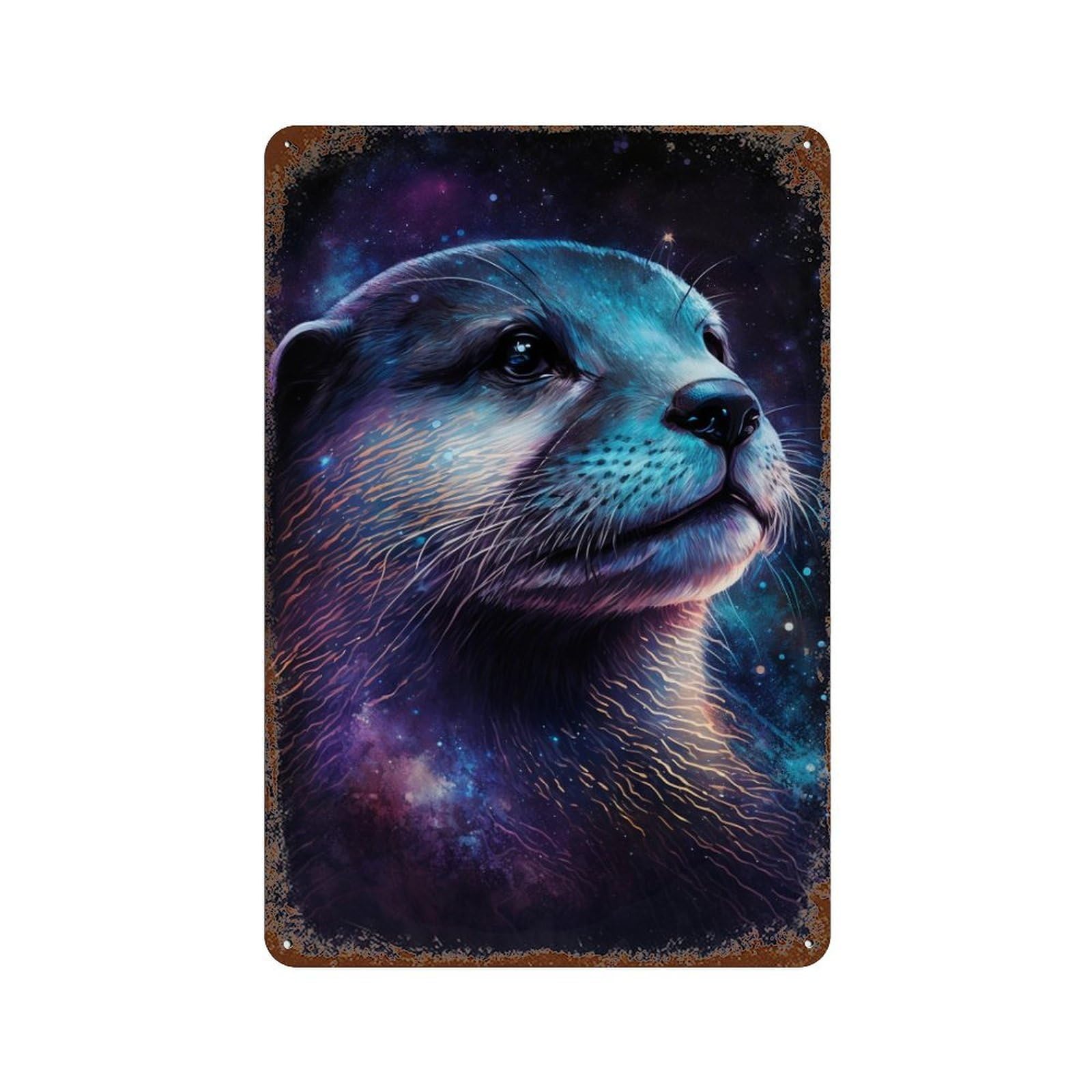 Cosmic Otter Portrait 11.8"x7.9" Distressed Metal Wall Sign, Shabby Chic Decor for Shed, Workshop And Garage Wall Decor