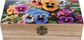 Pansy Flowers Keepsake Box Large Wooden Box with Hinged Lid Small Decorative Wooden Storage Boxes Wood Organizer Wedding Memory Boxes for Jewelry, Keepsakes, Photos, Crafts, Stamps