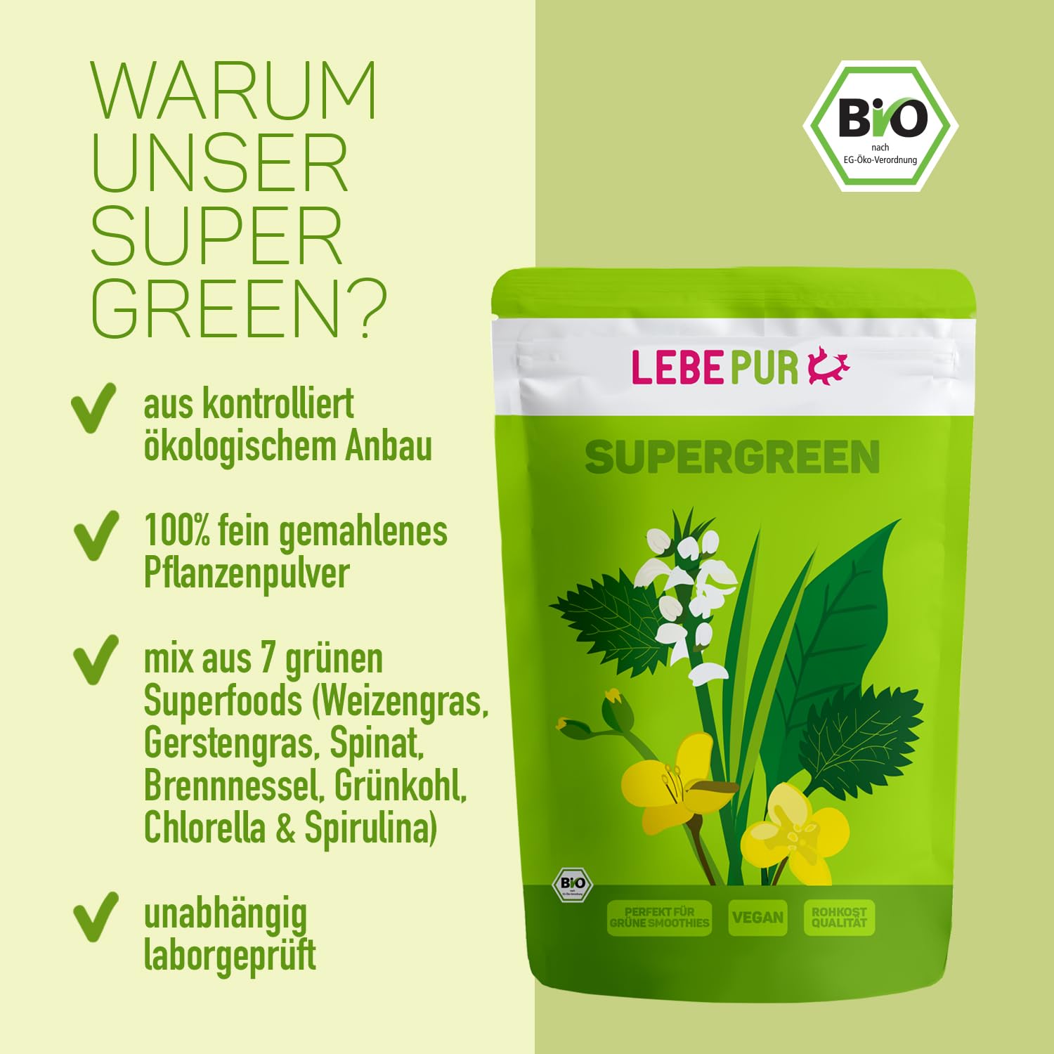 Lebepur BIO SUPER GREEN Pulver 500g - Pflanzenpulver mit Gerstengras, Weizengras, Spinat, Brennnessel, Grünkohl Chlorella und Spirulina - für Green Smoothie geeignet in Rohkostqualität