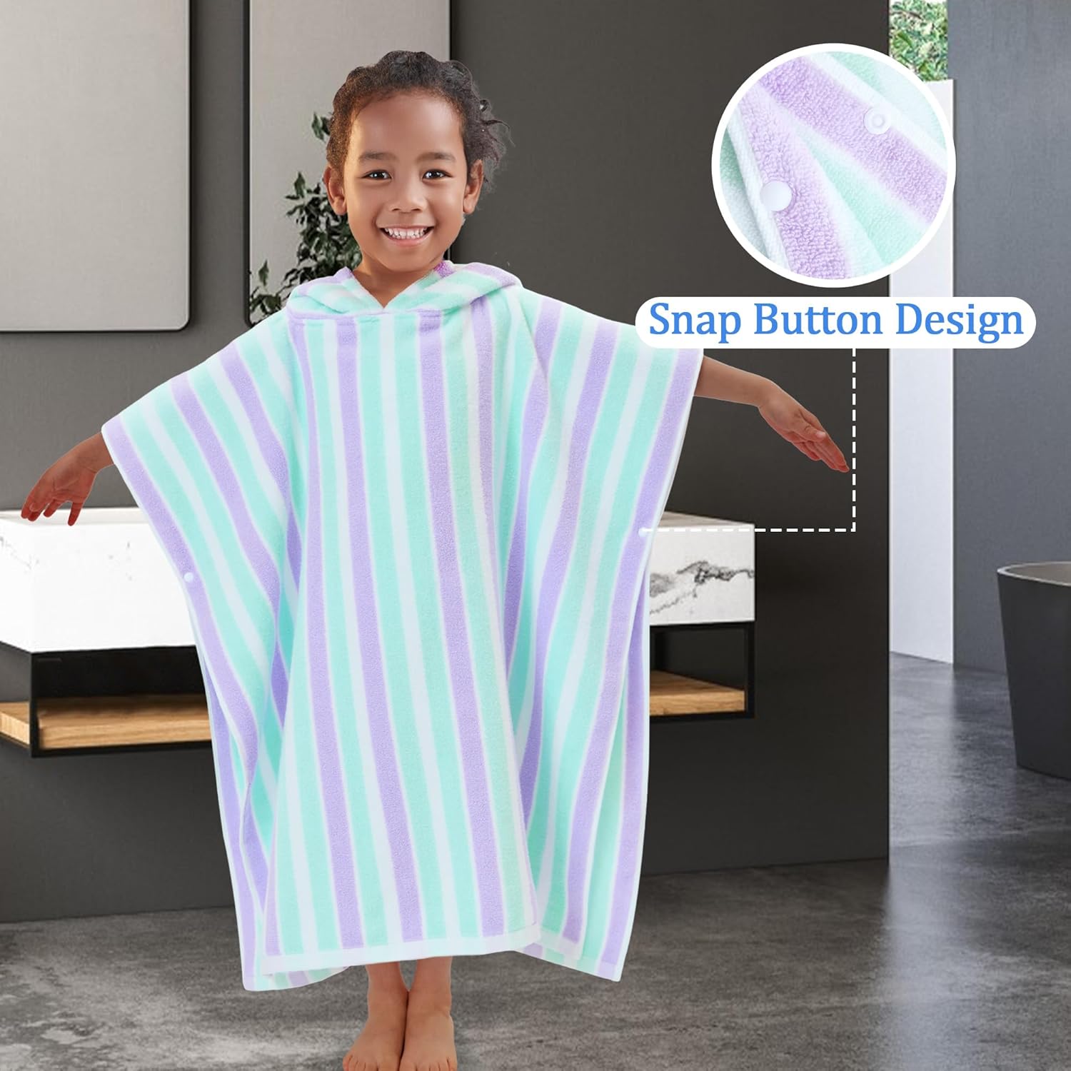 VOOVA & MOVAS Poncho Towels for Kids (4-8Years), Quick Dry Lightweight Absorbent Cotton Hooded Towel Robe for Pool | Swim | Beach | Bath, Aqua Purple Stripe - Image 4