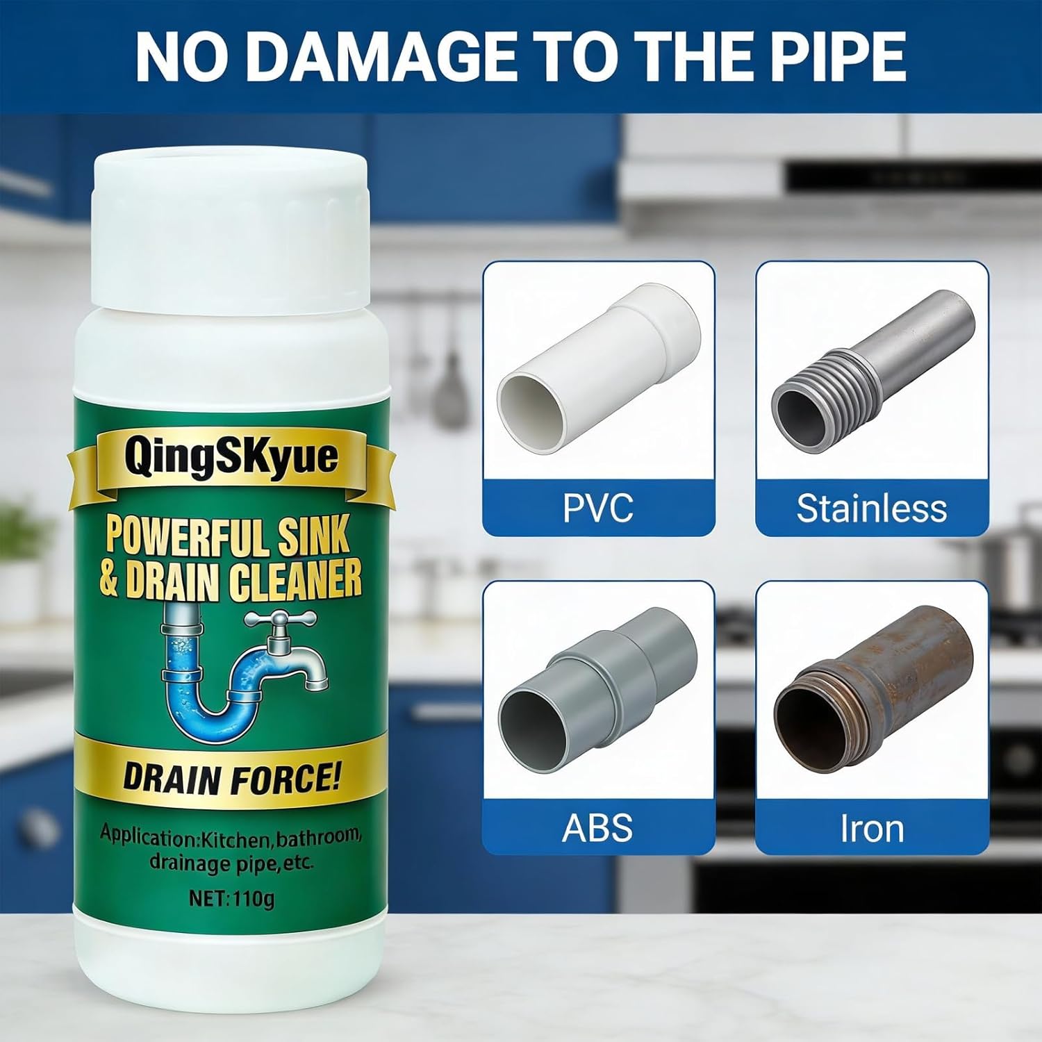 Sink and Drain Cleaner Powder: Unscented Fast Foaming Drain Clog Remover for Kitchen, Bathroom Pipes & Floor Drains | for Routine Home Plumbing Maintenance (4×110g) - Image 6