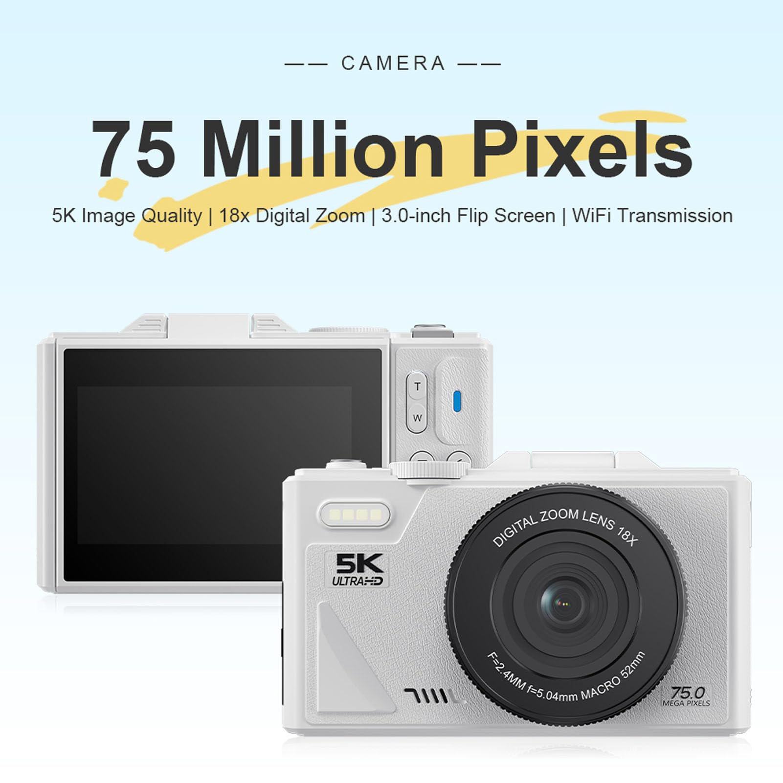 Tangxi Fotocamera Mirrorless 5K, Fotocamera Digitale da 75MP con Zoom Ottico 18X Messa a Fuoco Automatica, per Vlogging con Rilevamento Sorriso Antivibrazioni e Supporto Flip (WHITE)