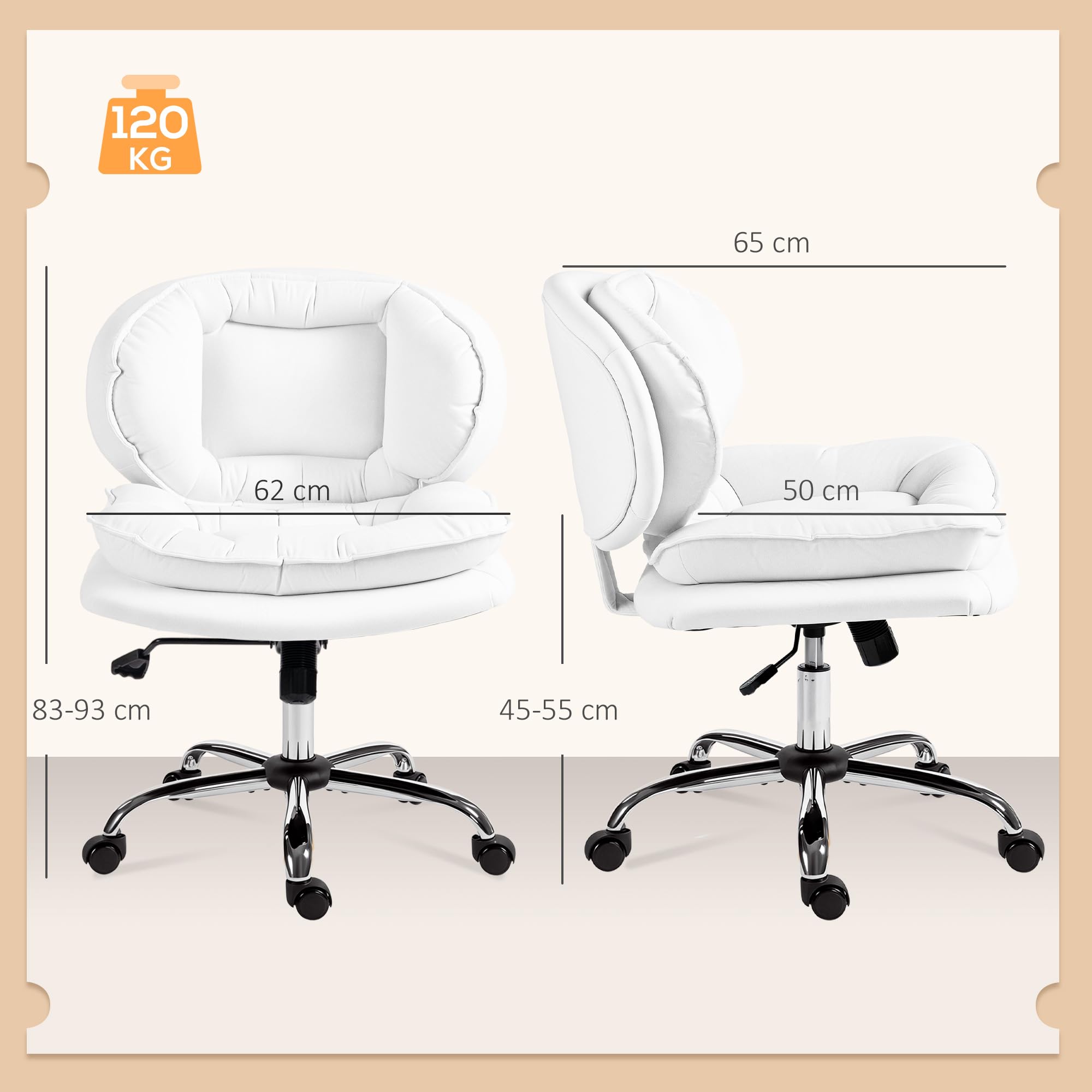 HOMCOM Silla de Oficina Piernas Cruzadas sin Brazos, Ruedas Blanco | Silla Tocador con Asiento Ancho, Altura Ajustable, Doble Acolchado, Giratoria, Función Basculante, Tapizada en PU
