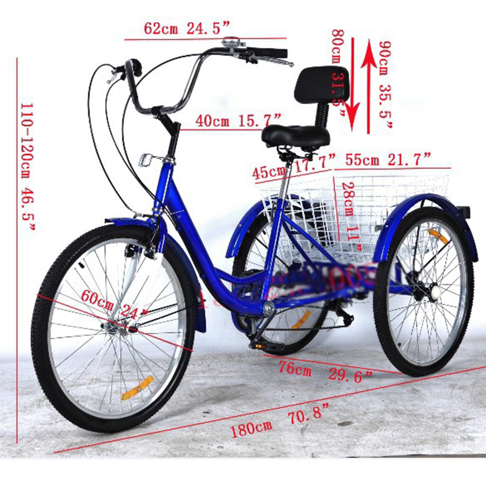 Triciclo per adulti da 24 pollici, 3 ruote, cambio a 7 velocità, telaio in acciaio ad alto tenore di carbonio, capacità di carico 120 kg, triciclo cargo, sport all'aria aperta, bianco