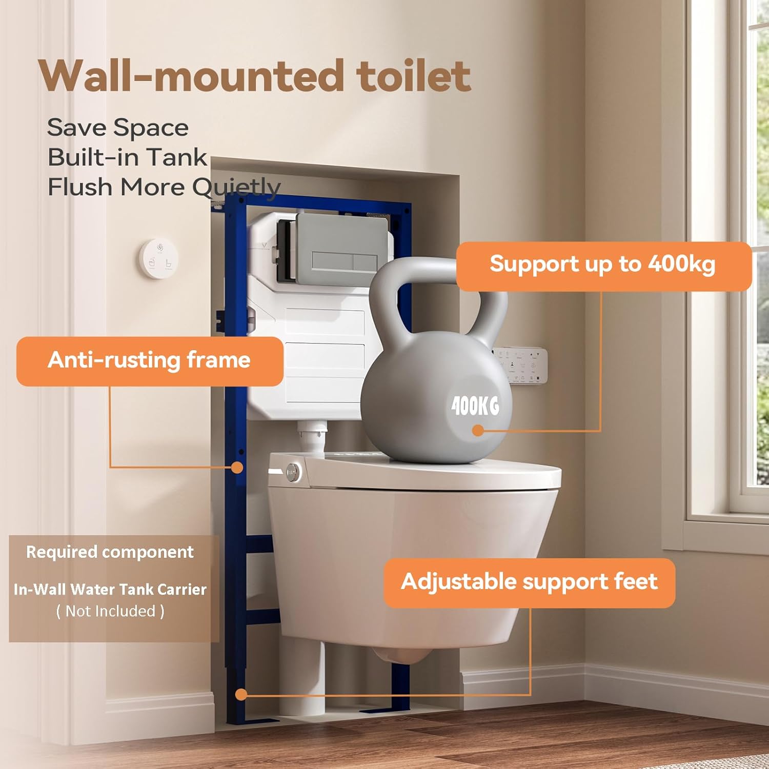 Wall Hung Smart Toilet, Elongated Wall Hung Toilet with Bidet Built In, Heated Seat, Warm Water Wash, Air Dryer, Auto Flush, Foot Sensor Flush, Auto Open and Close Lid