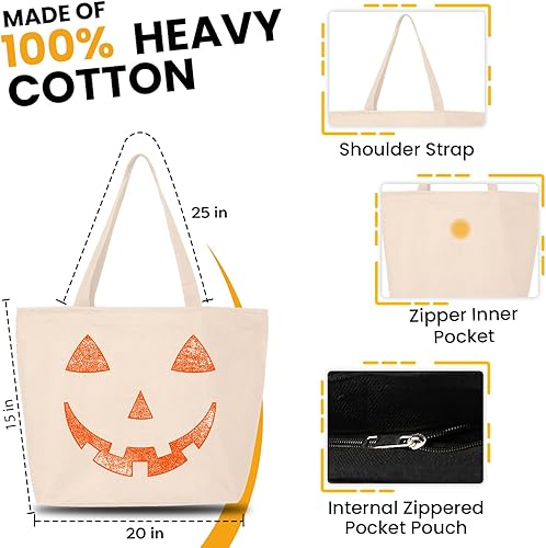 Miniatura 2 de shop4ever Bolsa de lona pesada naranja Jack O' Lantern con cara de calabaza para Halloween, truco o trato con cremallera, bolsa de compras