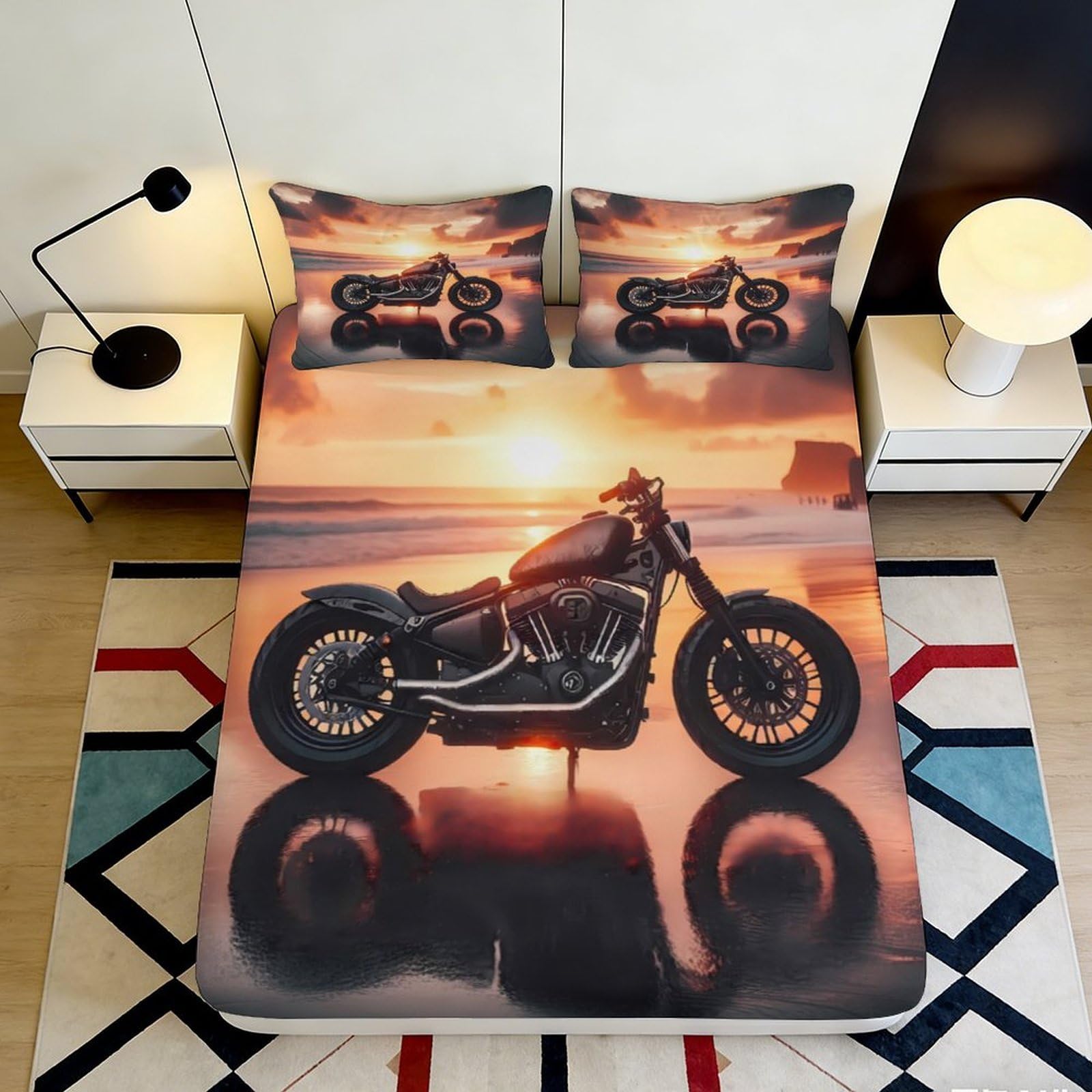 3D Printed Sunset Beach Motorcycle Fitted Sheet Microfiber Soft Decor Bed Cover for Bedroom Guest Room Dorm Use 120x200x25cm