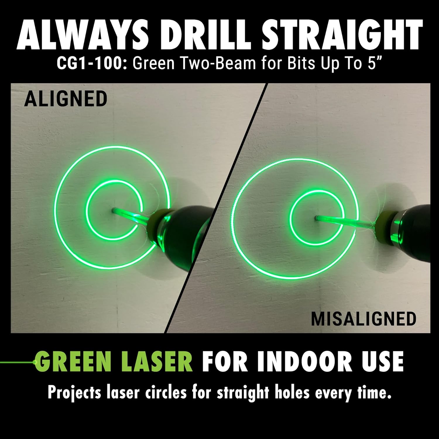 BullseyeBore Core CG1-100 Drill Guide for Straight Holes - Magnetic Drill Attachment with High Vis Green Laser for Visual Worksurface Alignment - Compatible with Common bits from 2” to 5”