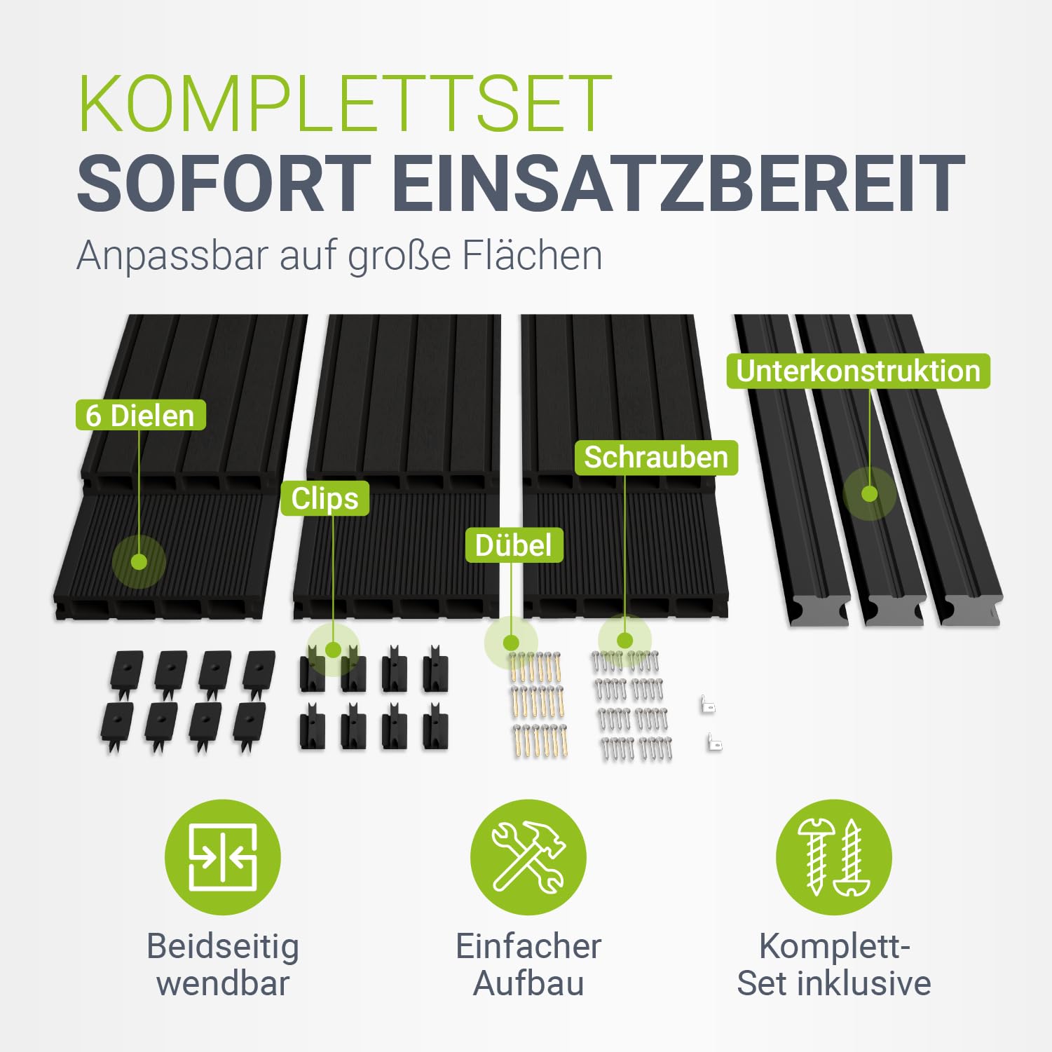 Juskys WPC Terrassendielen 6 m² – 220 cm Dielen, wetterfest & pflegeleicht, inkl. Unterkonstruktion, Clips & Schrauben, rutschfest für Terrasse & Balkon – Anthrazit