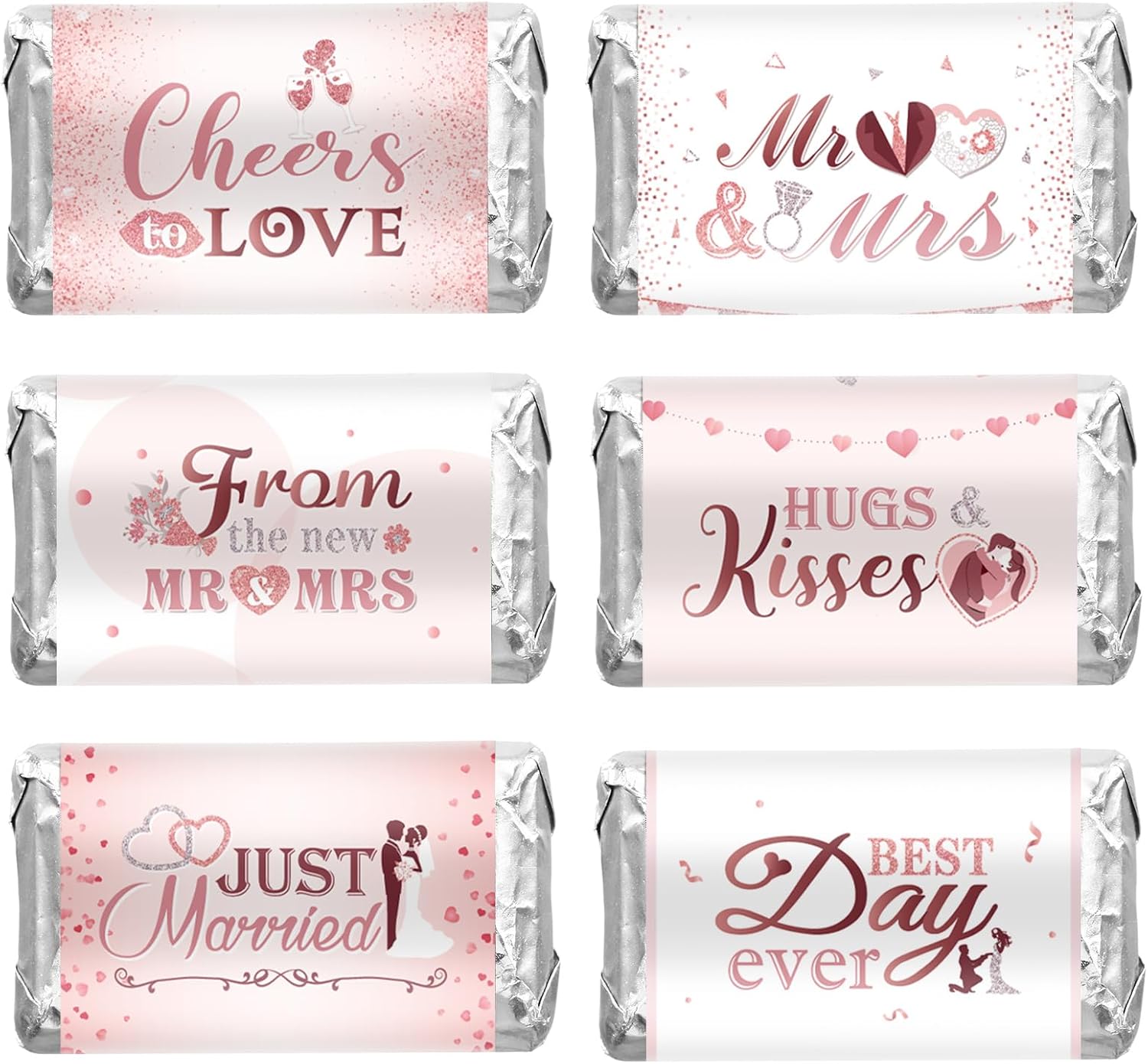 Crtiin 180 Pcs Wedding Candy Wrappers Wedding Favors Candy Sticker Pink Shower Mini Candy Bar Wrappers Chocolate Labels for Guests Party Decorations Supplies, 6 Styles, Candy Not Included