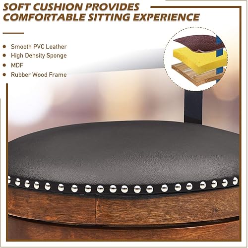 Miniatura 7 de COSTWAY Juego de 2 taburetes de bar, taburetes giratorios de 360 grados con asiento acolchado de cuero, respaldo de escalera de un solo listón y