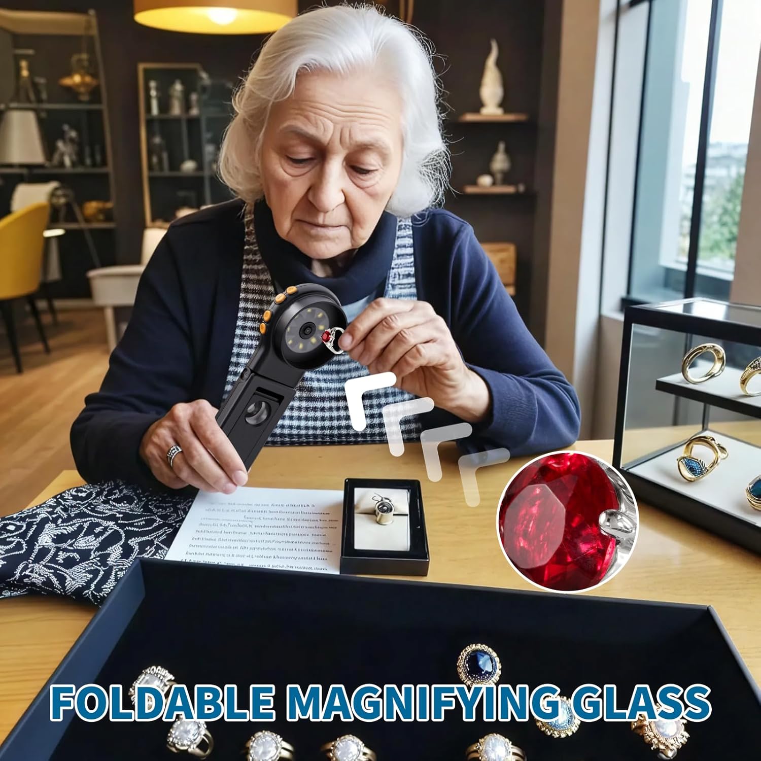 Person using the Ashfly Digital Magnifying Glass in stand mode to inspect jewelry.
