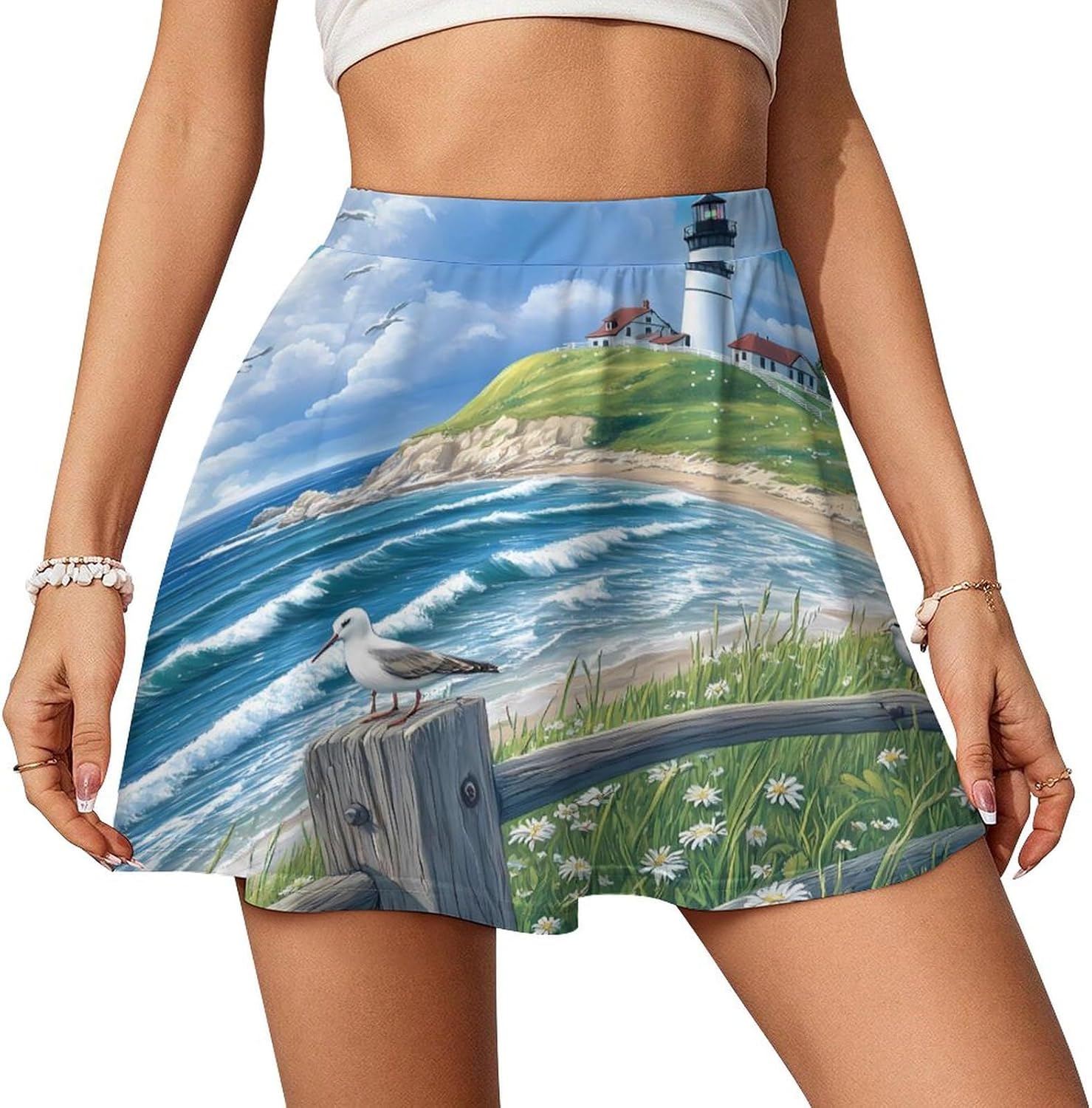 Beach Seascape Lighthouse Women Tennis Skirt Print Golf Skirts Mini Casual Workout Skorts