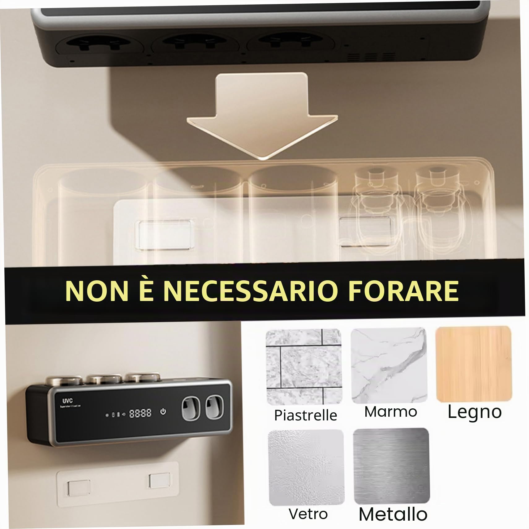 Portaspazzolino intelligente con sterilizzazione UV e dispenser automatico di dentifricio, organizer per spazzolini elettrici montato a parete con funzione di asciugatura, bianco
