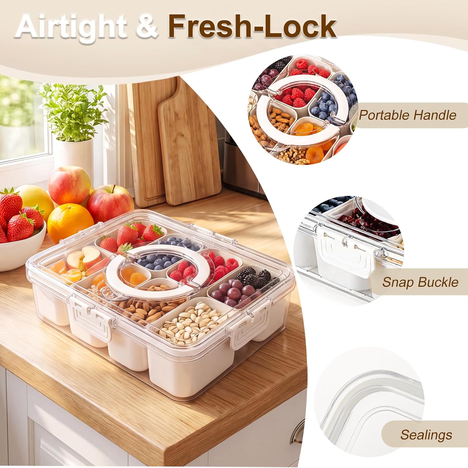 Chilled Snackle Box Container with Ice Pack, Divided Serving Tray with Lid & Handle Portable Snack Tackle Box Container with Insulated Bag 8 Compartment Clear Snacklebox for Beach Road Trip Picnic image 4