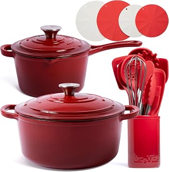 Larder & Vine 20 Piece Cookware Set Cabernet | Dutch Oven, Utensil Set, Saucepan, and Trivets
