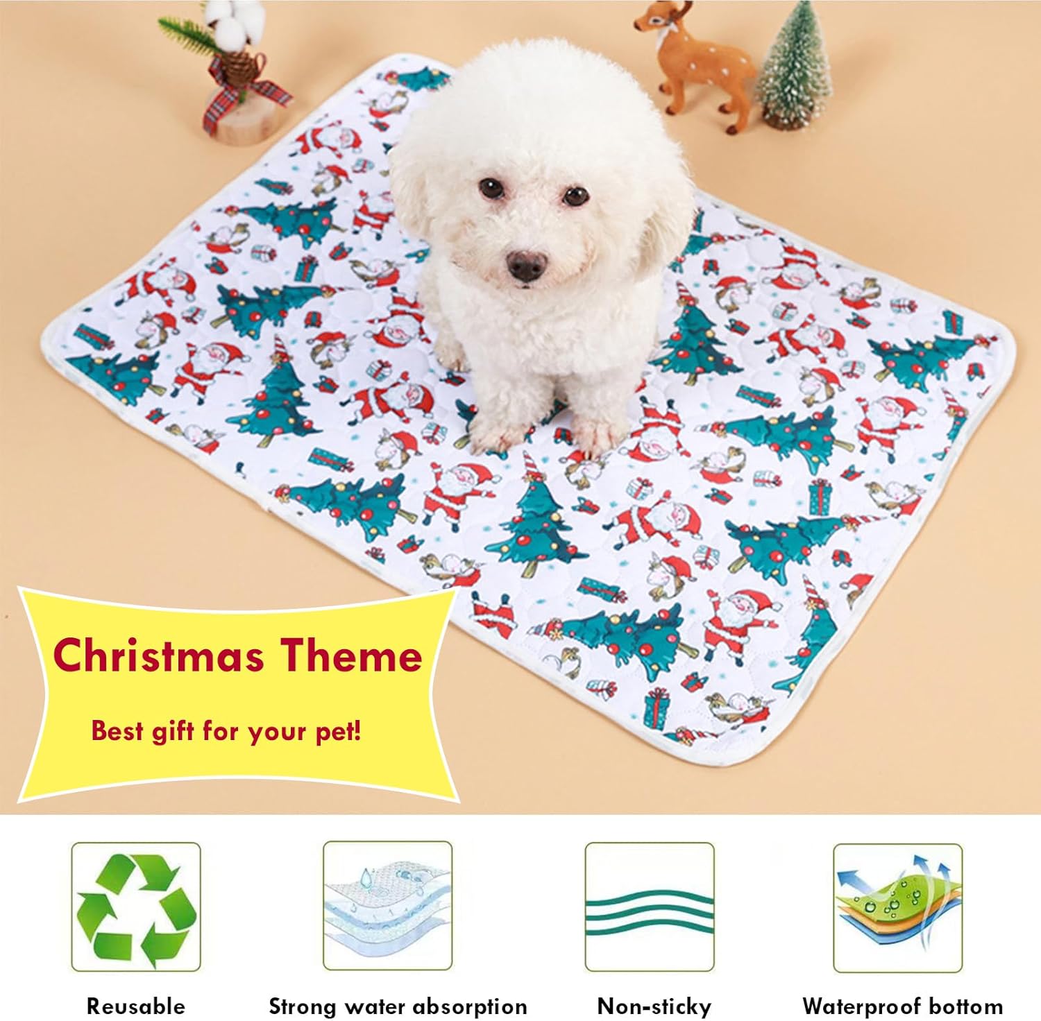 Bamy 2 Pcs Washable Dog Pee Pads - Christmas Pet Training Pads Non-Slip Waterproof Doggie Whelping Mat Reusable Dogs Mat with Santa Claus Snowman Elk Pattern (Santa Claus, 40x28 inch)