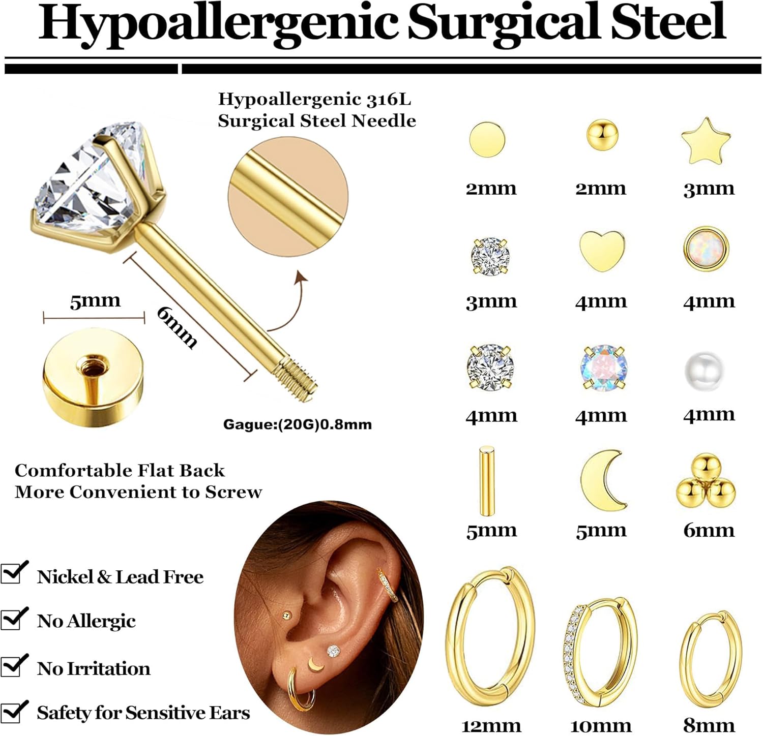 Grace Whisper 15 Pairs Flat Back Stud Earrings For Women Men 14K Gold Plated Hypoallergenic Surgical Steel Flatback Stud Earrings Cartilage Helix Tragus Conch Hoop Earrings Set for Multiple Piercing Jewelry - Image 2