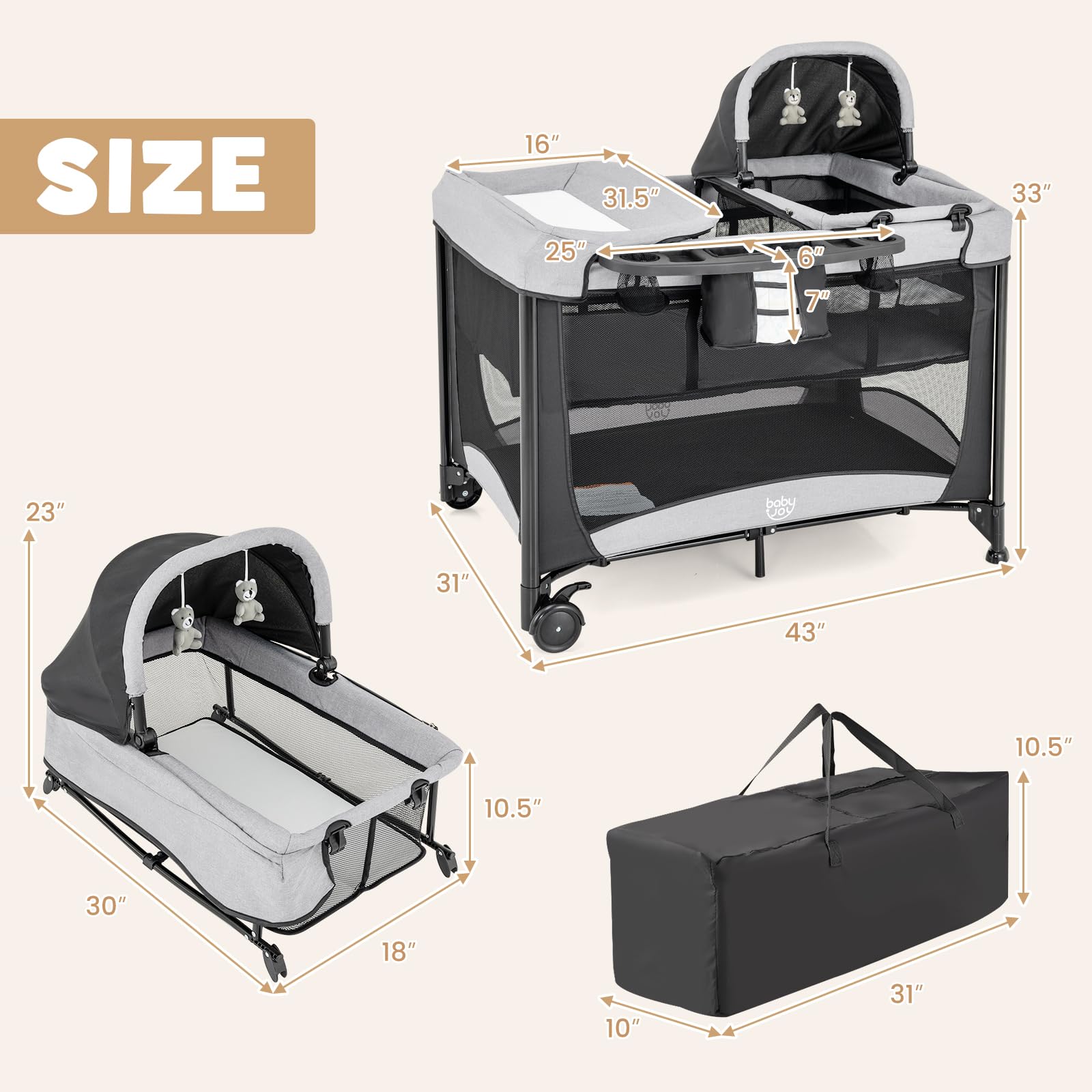 FANTASK Lit de Voyage Pliable 5 en 1 avec Matelas à Langer - Matelas épais - 2 Niveaux - avec Sac de Transport - Charge maximale : 15 kg - Noir