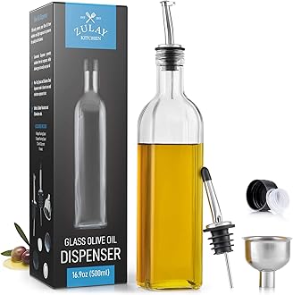 Zulay (17oz) Olive Oil Dispenser Bottle for Kitchen - Glass Olive Oil Bottle with 2 Spouts, 2 Removable Corks, 2 Caps, & 1 Funnel - Oil Bottle for Kitchen & Storing Liquids (Clear Bottle)