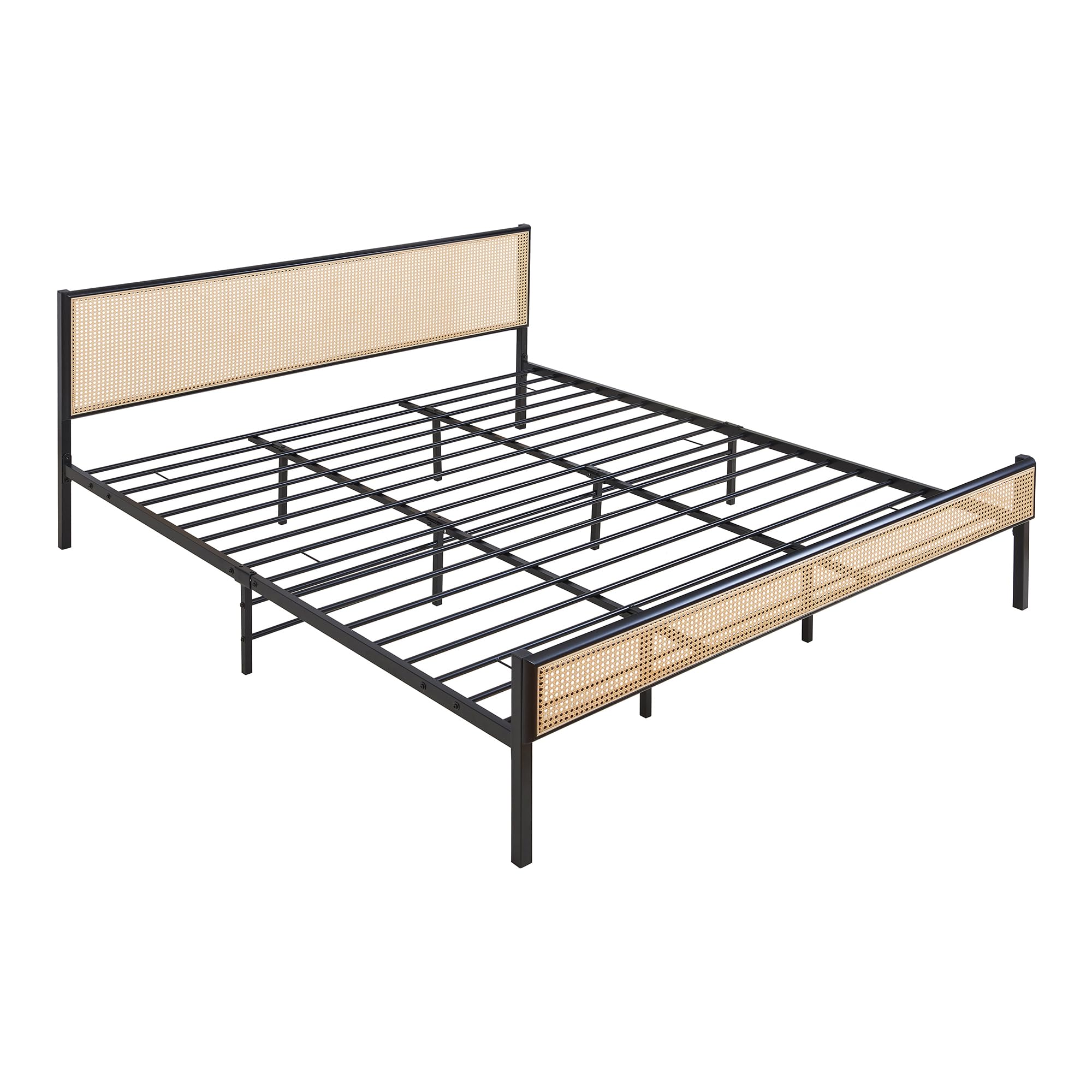[en.casa] Bett Linköping 180 x 200 cm Bettgestell und Lattenrost Metallbett mit rechteckigem Kopfteil Doppelbett max. 300 kg Schwarz mit Rattanoptik