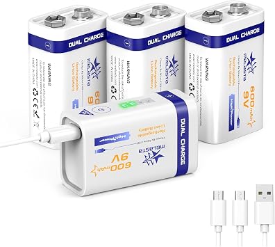 melasta 4 Pack 600mAh Rechargeable 9V Lithium Battery, with USB Charger Cord 9 Volt Li-ion Batteries Suitable for Smart Home Devices, Digital Cameras, Outdoor Surveillance Systems, Smoke Alarms