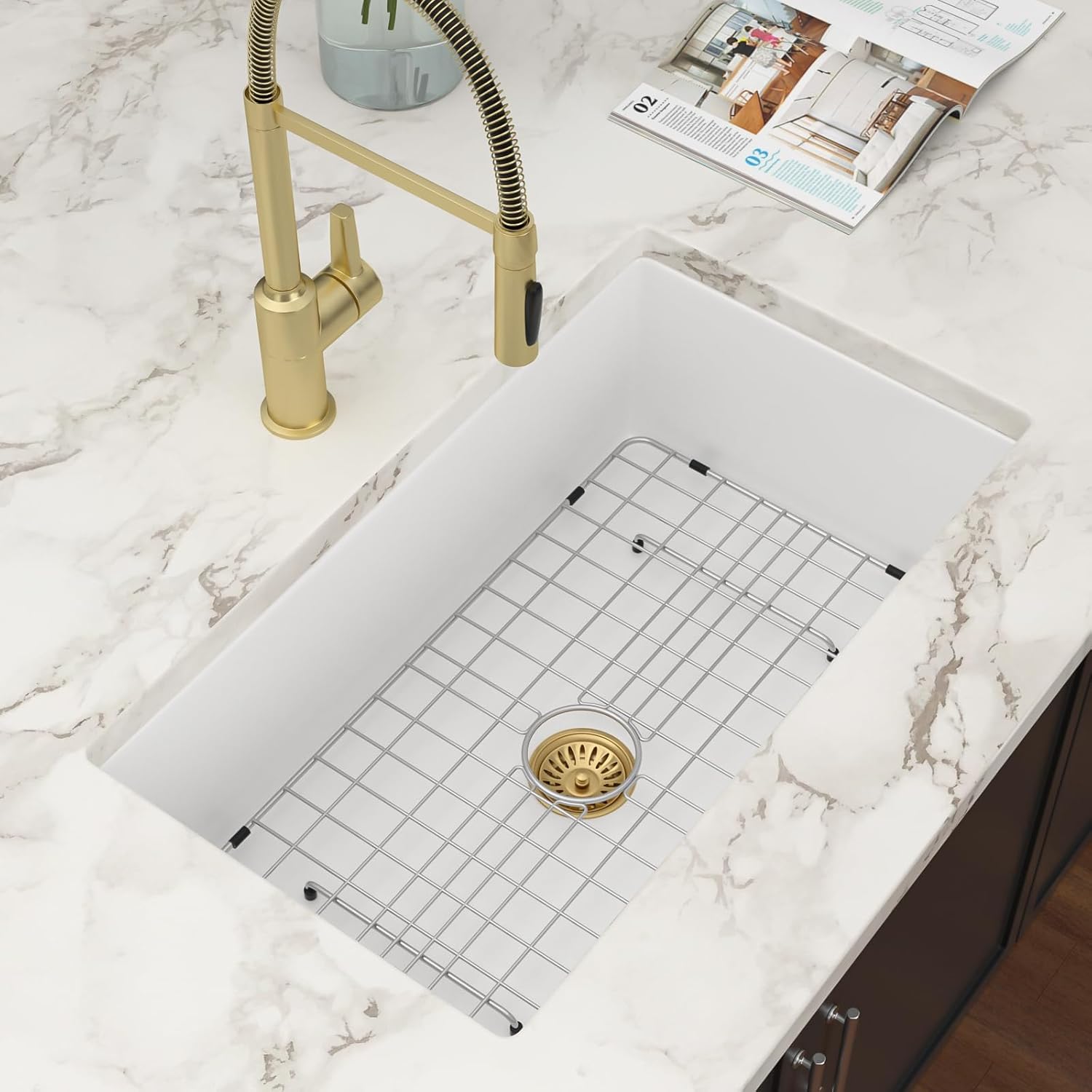 White Undermount Kitchen Sink 32 Inch - Glossy White Fireclay Drop In Kitchen Sink Dual Mount Heavy Duty Single Bowl Undermount Sinks Basin with Luxury Accessories 32"x19"x10"