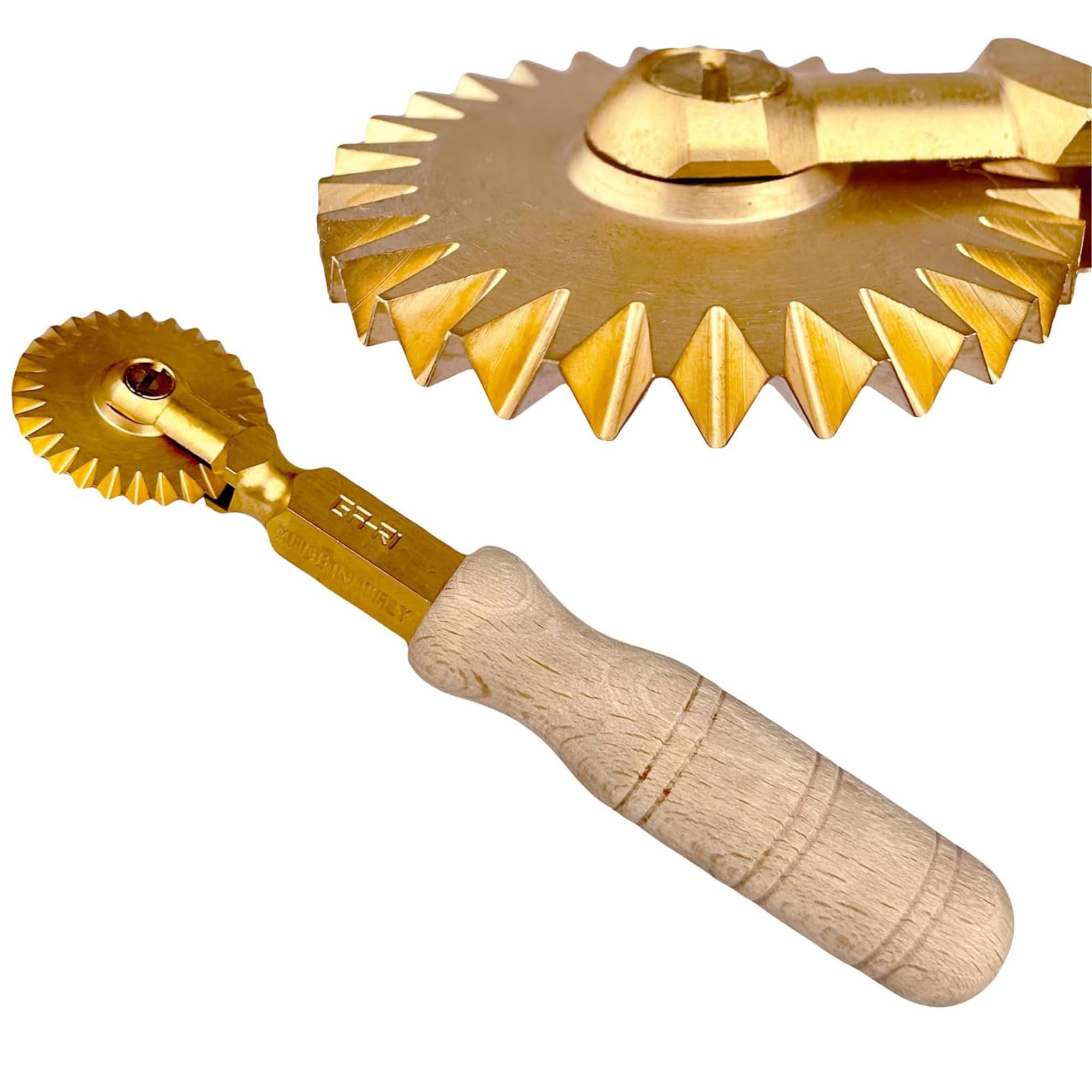 Italian Brass Fluted Pasta and Pastry Wheel with Beechwood Handle-Professional Grade Homemade Pasta Cutter for Ravioli-Heirloom Quality Pasta Making Tool-Ideal for Home and Business-Made in Italy