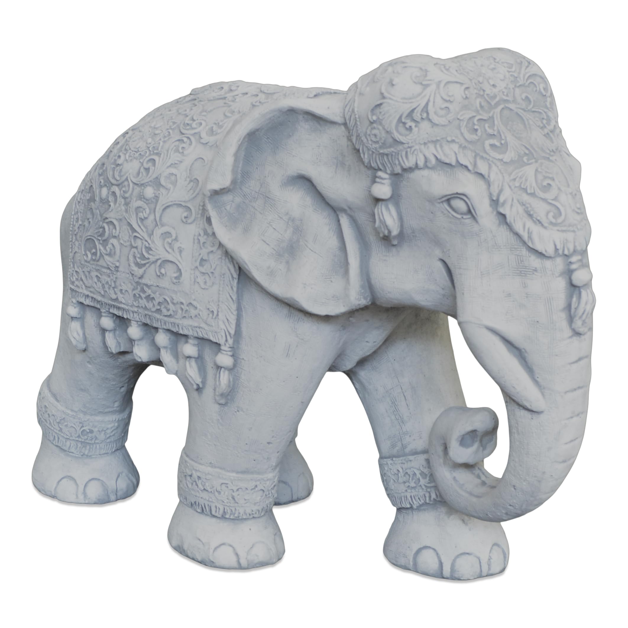gartendekoparadies.de Statuetka dużego słonia indyjskiego z biżuterią, wysokość 47 cm, długość 63 cm, szerokość 28 cm, 61 kg, szara, z odlewu kamiennego, figurka odporna na mróz