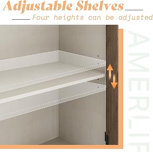 Miniatura 8 de AMERLIFE Aparador de buffet de 63 pulgadas con almacenamiento, gabinete moderno de granja con 4 puertas de vidrio y estante ajustable, armario de