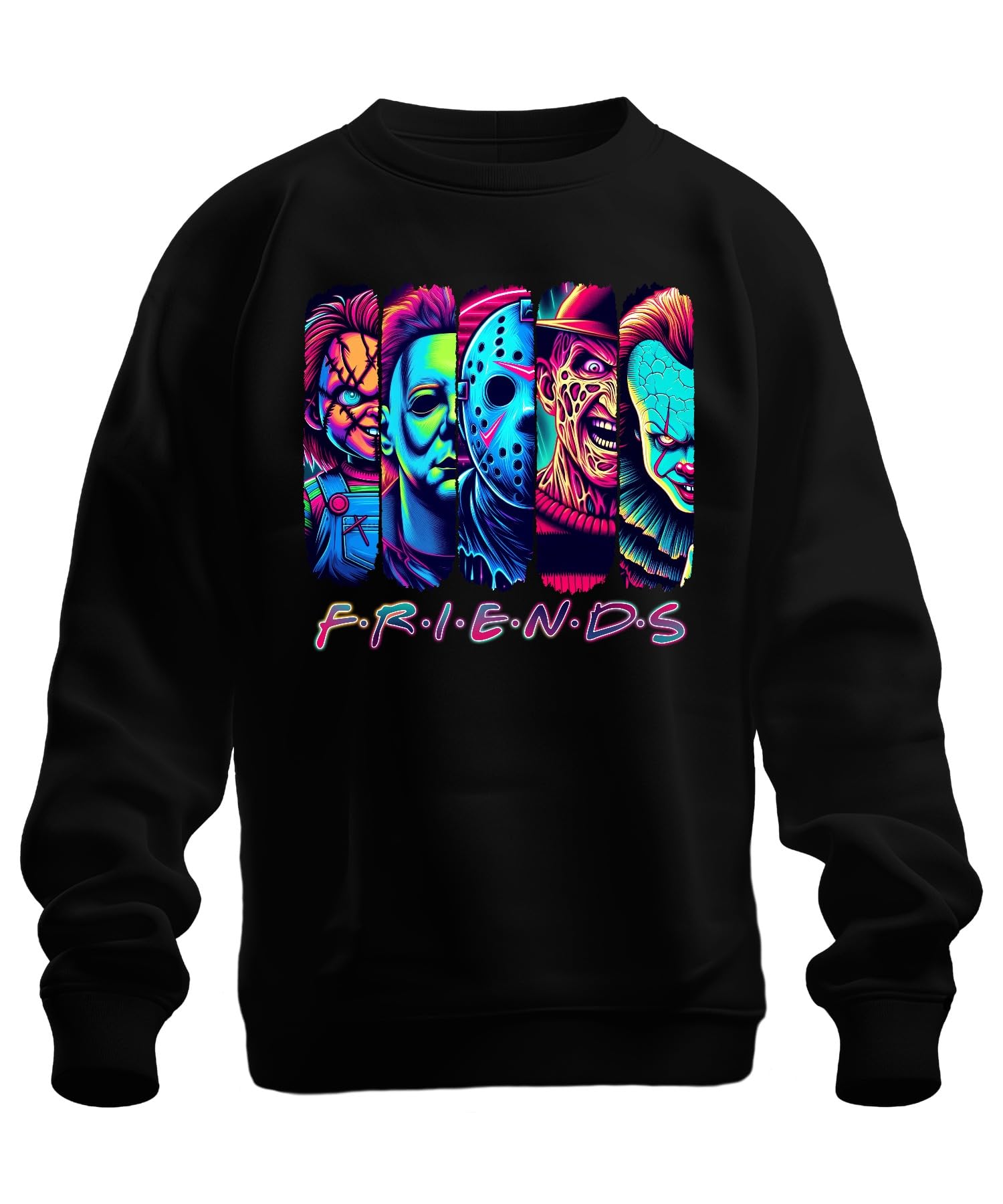 Printera Unisex Black Horror Friends Neon Chucky Michael Myers Jason Freddy Pennywise Sweatshirt Pullover, 3XL