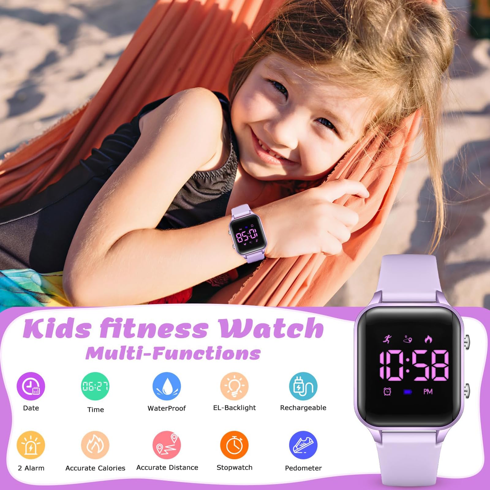 Timever Montre numérique pour Enfant Fille garçon avec podomètre, réveil, chronomètre, lumière, Date, sans Application et téléphone Portable avec Bracelet en Silicone