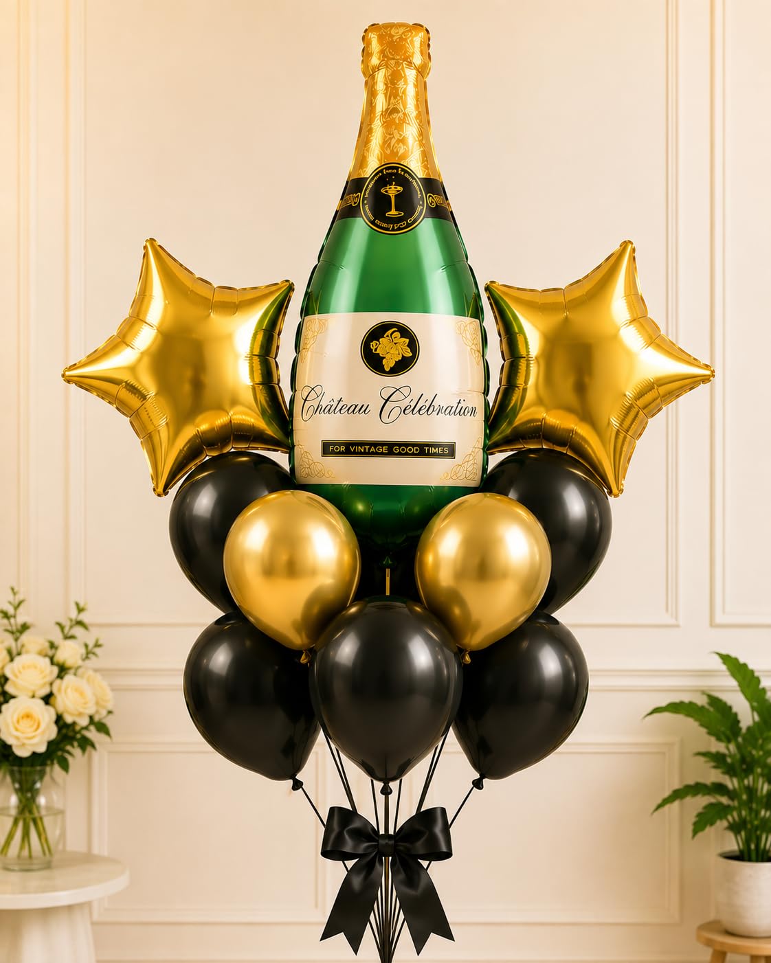 Champagne Bottle Gold Balloon Bouquet Party Kit (Gold, Black, Green, White) | 36 Inch Foil Bottle, Ribbon and Bow Included-image-7
