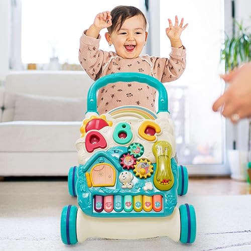 Miniatura 8 de Caminante de aprendizaje sentado a pie 3 en 1 Baby Walker Centro de actividades de educación temprana con diseño de peso, sonidos y teléfono