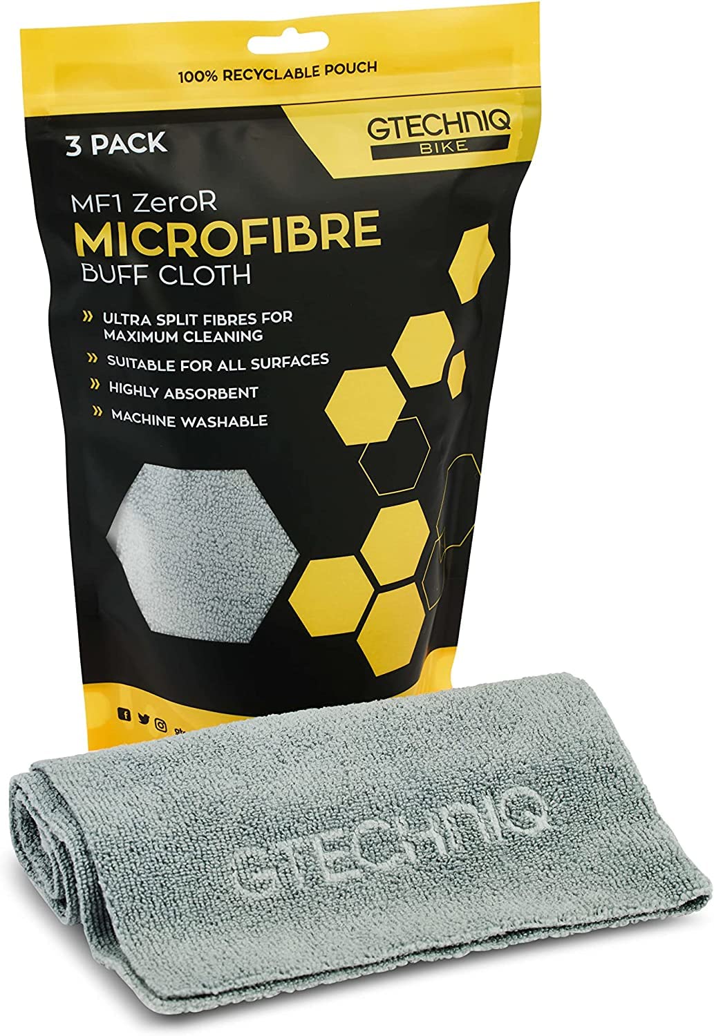 Bike MF1 ZeroR Microfibre Cloth (3 Pack) | Edgeless Soft Cloth Removes Dirt and Moisture from Bike Frame, Drivetrain and Clothing, Ultra Split Fibres, Machine Washable, 300gsm, 40x40cm
