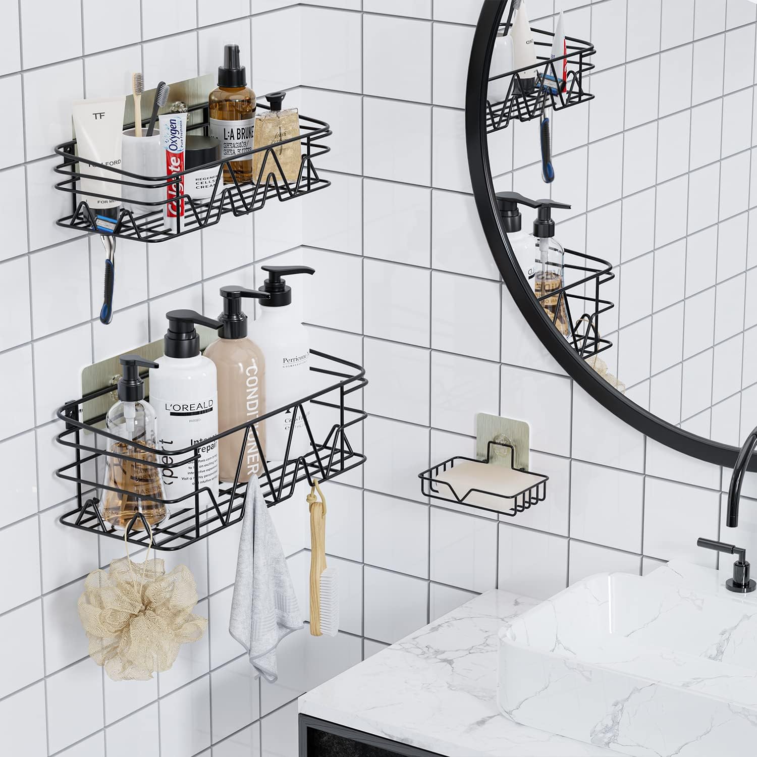 Tindbea Shower Caddy Adhesive Shower Shelves, 3 Pack Adhesive & Drilling Shower Racks, Rustproof Stainless Steel Bathroom Shower Organizer, Shower Shelf for Inside Shower, Black