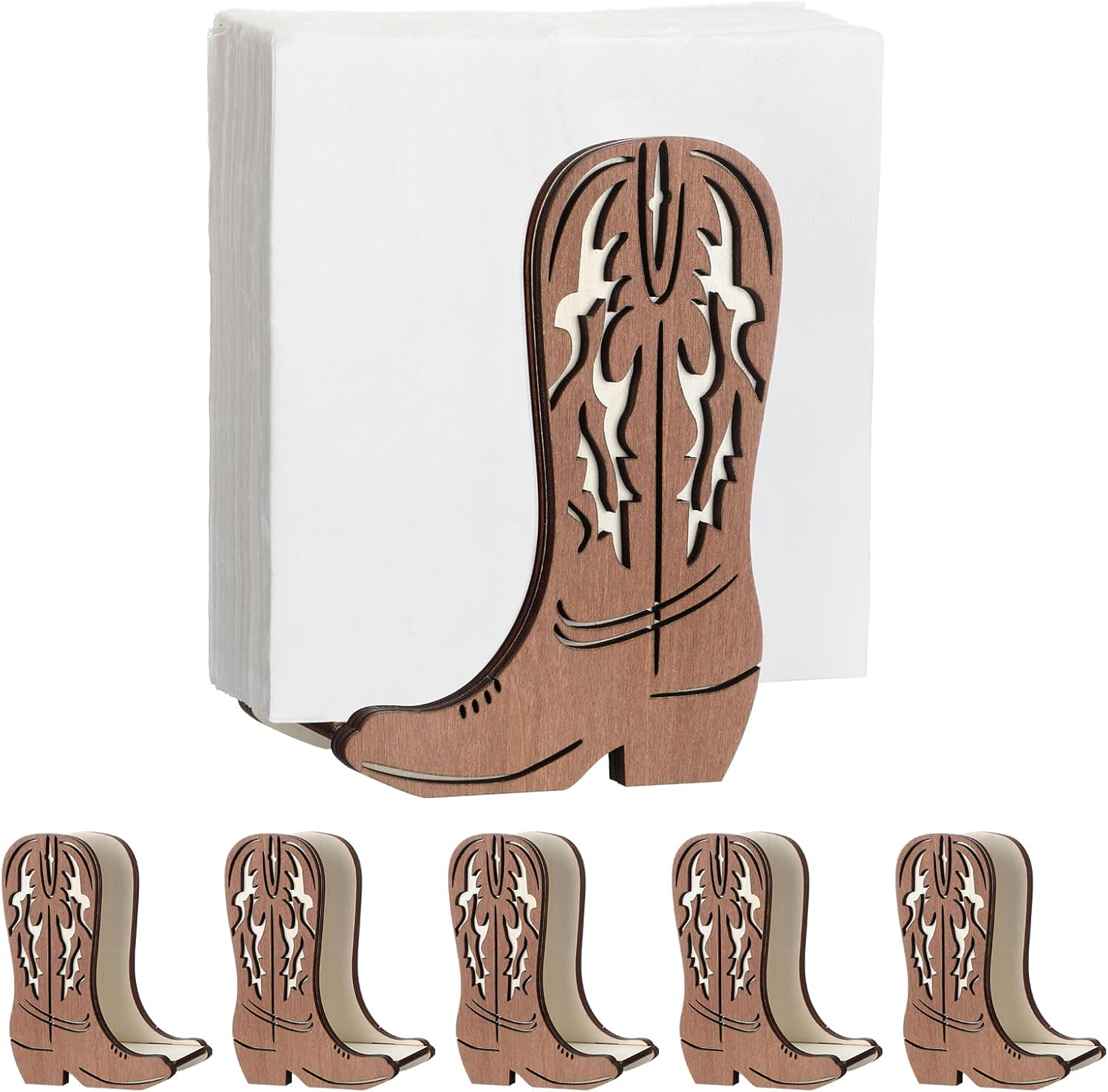 6 Pcs Western Cowboy Boot Napkin Holder for Table Kitchen Farmhouse Napkin Dispenser Rustic Paper Holder Standing Brown for Western Party Decoration (Wood)
