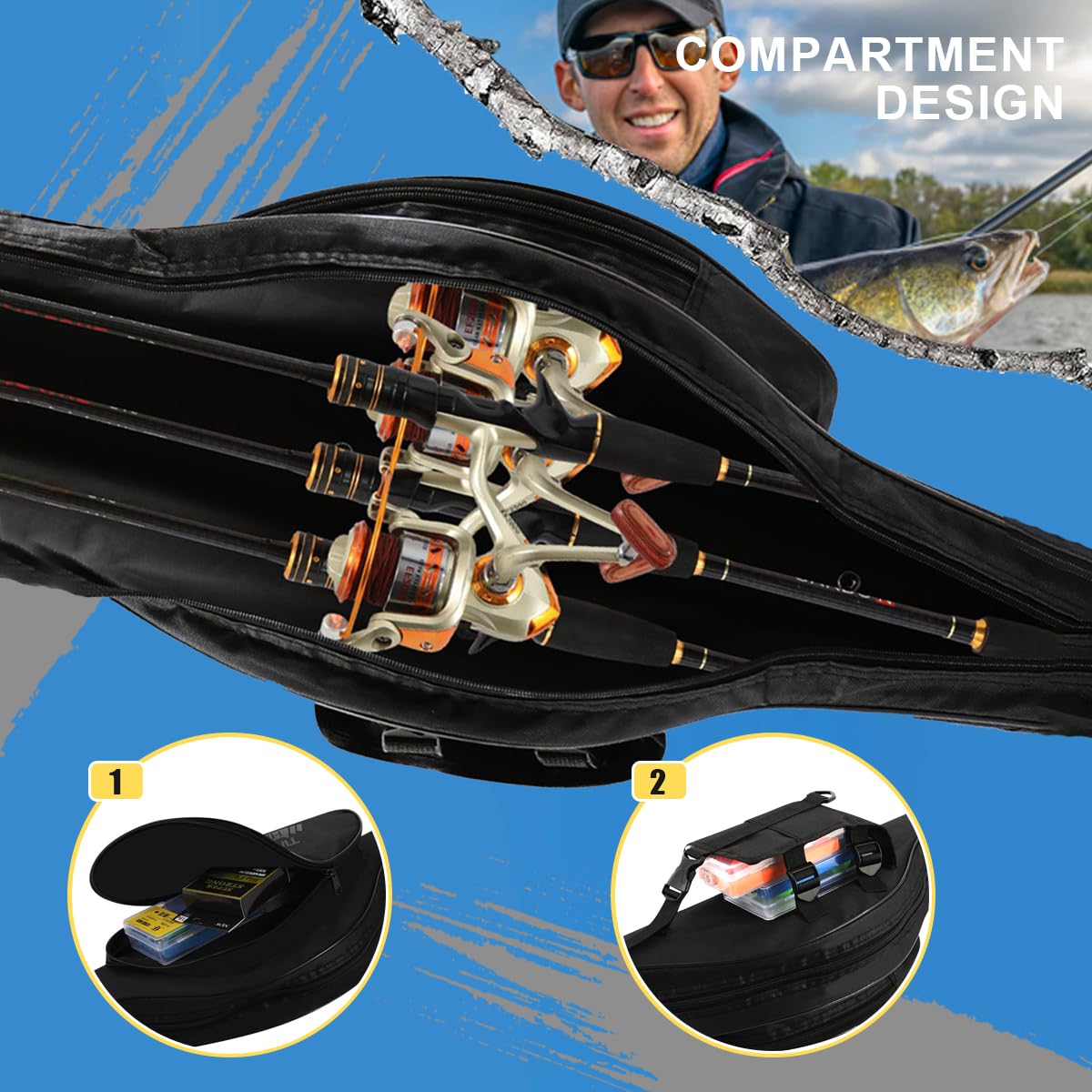 Funda para Cañas de Pescar Impermeable 130 cm, Mochila Pesca con Dos Bolsillos Laterales