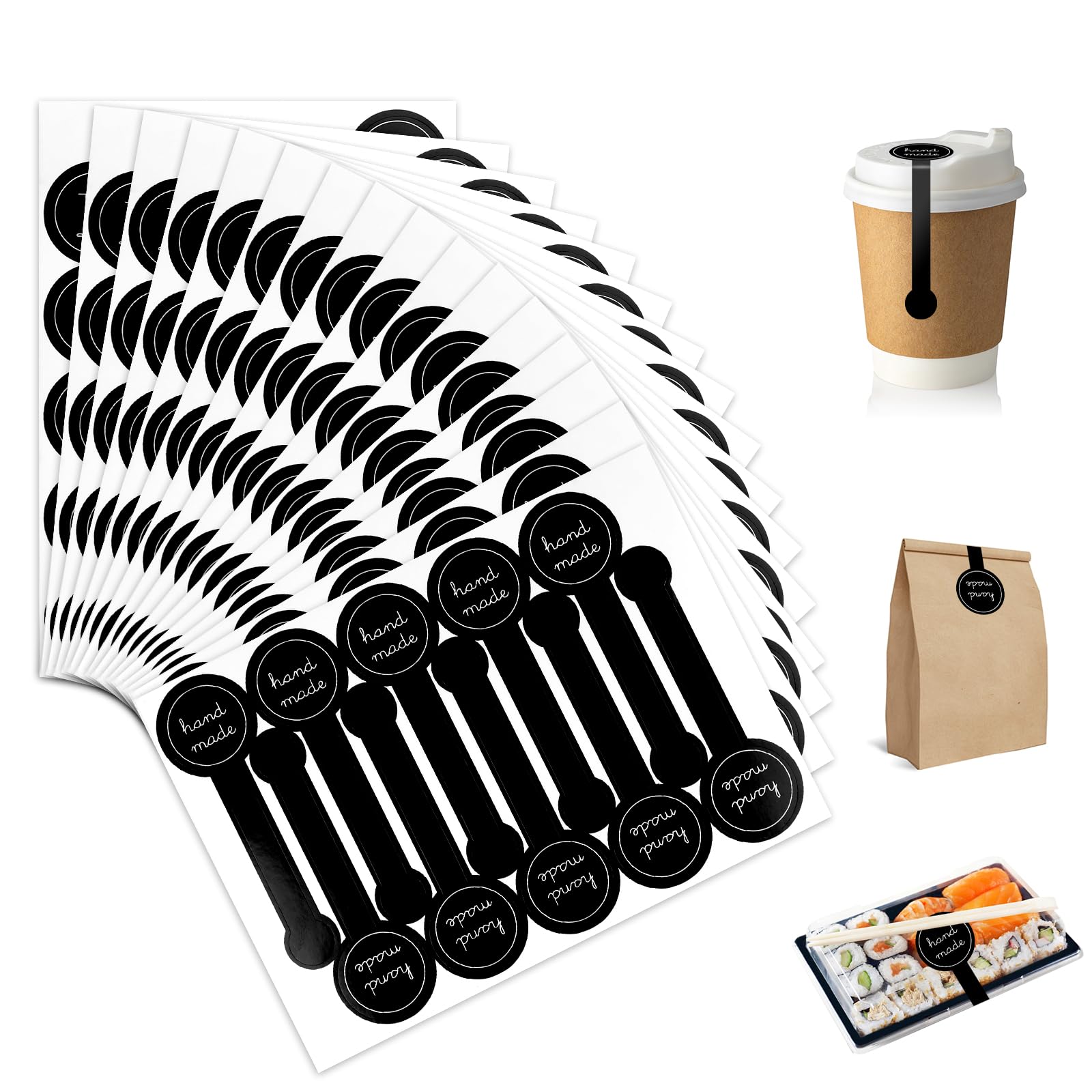 600Pcs Black Handmade Bakery Stickers, Long Self Adhesive Tamper Proof Food Sealing Labels for Cake Boxes, Pastry Bags, Lollipops, Candy, Bread