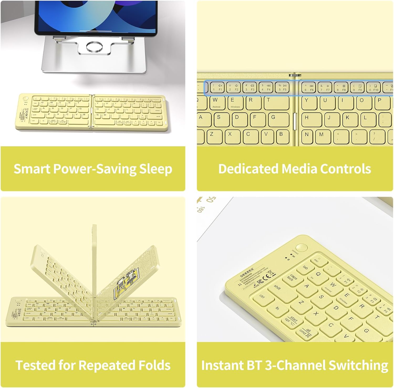 Foldable Bluetooth Keyboard with UV Printing Technology Rechargeable Keyboards,Compact Wireless Travel Keyboards for iPad, Smartphone, Tablet and Laptop - Z1 Pale Yellow