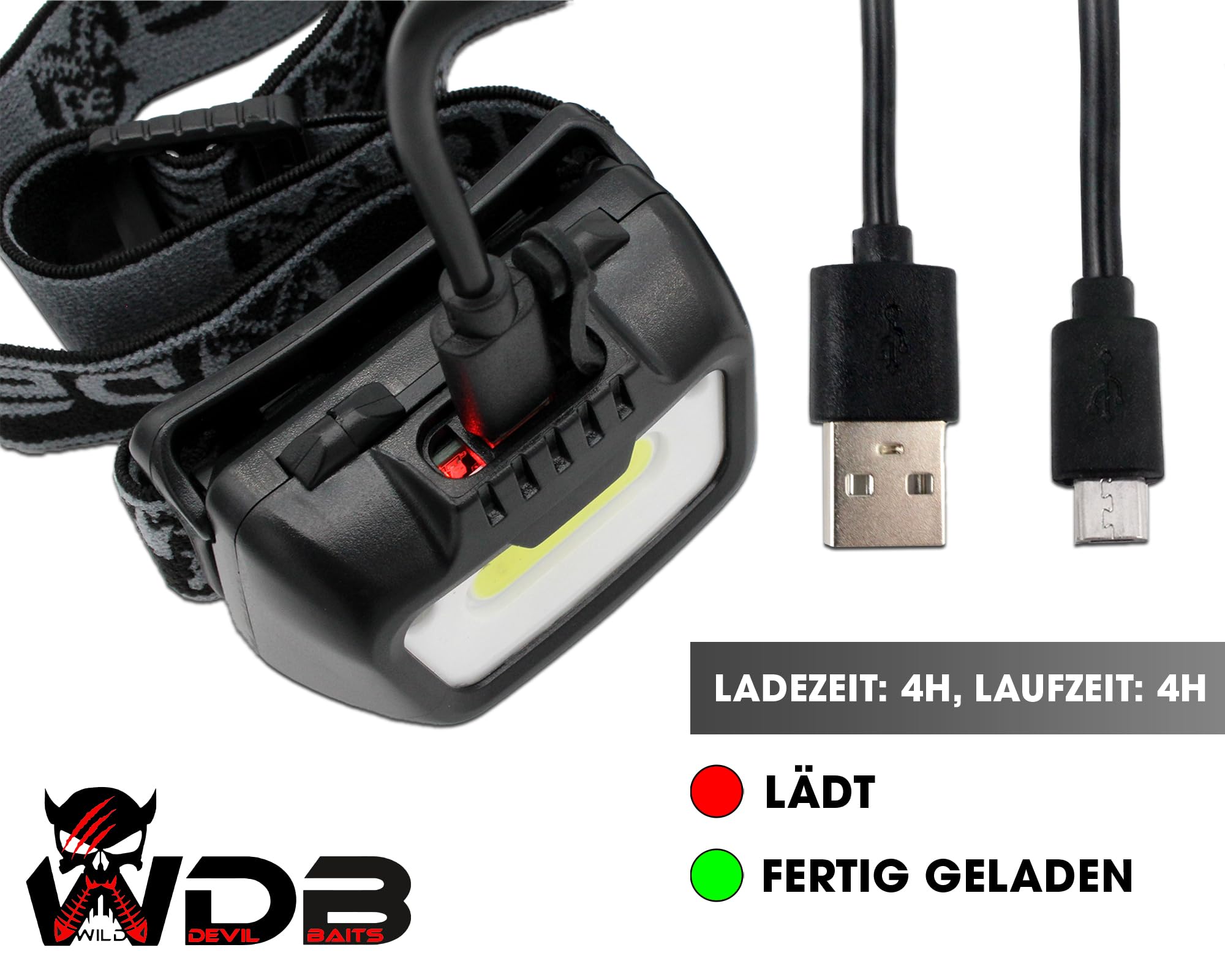 Angel-Berger Wild Devil Baits Mega Light Head Lamp - Linterna frontal con sensor de movimiento, USB, sensor de batería, LED