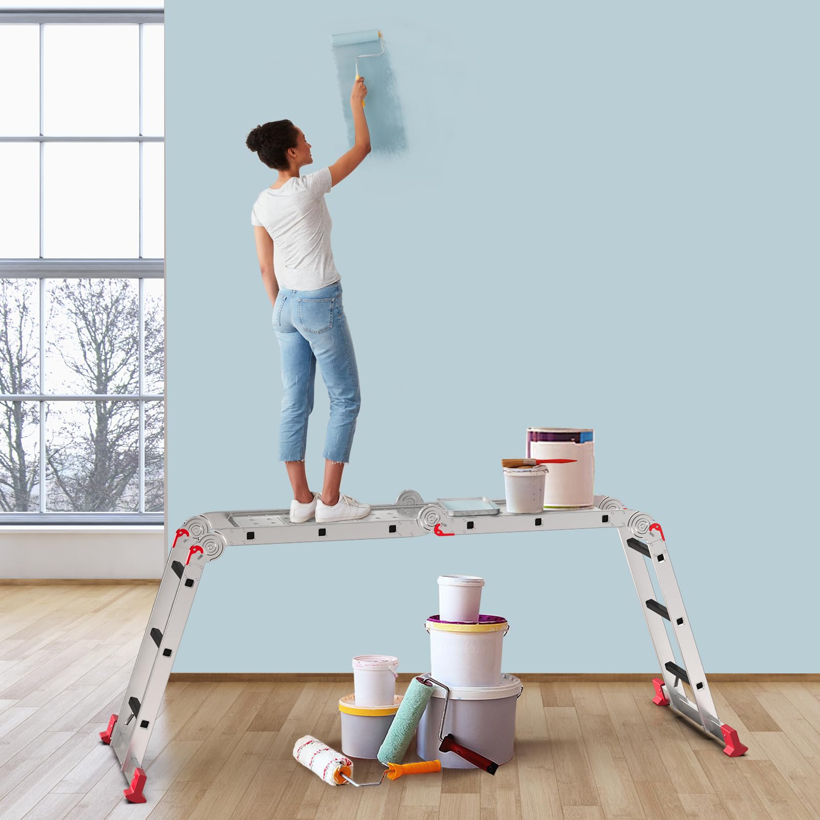 AMHANCIBLE Échelle Multifonction 3.4m Aluminium, avec 2 Plateaux de Travail | Échelle Pliante 4x3 Marches, Échelle Polyvalente Jusqu'à 150 kg, 7-en-1, pour Grenier, Maison, Bricolage Léger, EBAL01RD