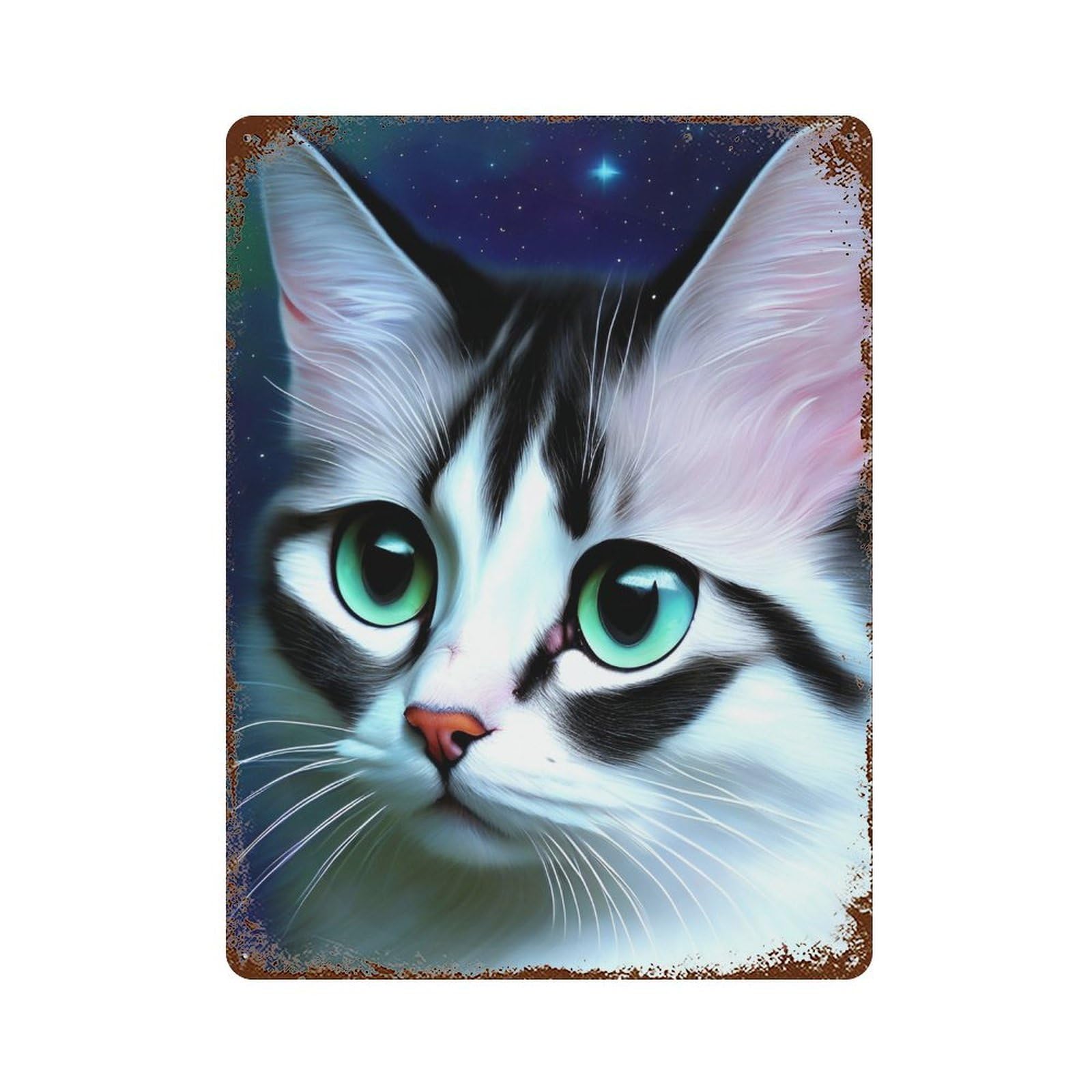 Starry Night Cat Portrait Weathered Tin Sign 15.7"x11.8", Rustic Home Decor for Office, Studio And Wall Decor