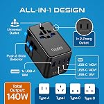 Ceptics 6 in 1 International Power Adapter with PD 140W USB-C, 1x USB-A, 3X Type C, Universal Input and 1x USA/JP Input with Type A, C, G, I Plug outlets for Global Travel – CE & RoHS Certified