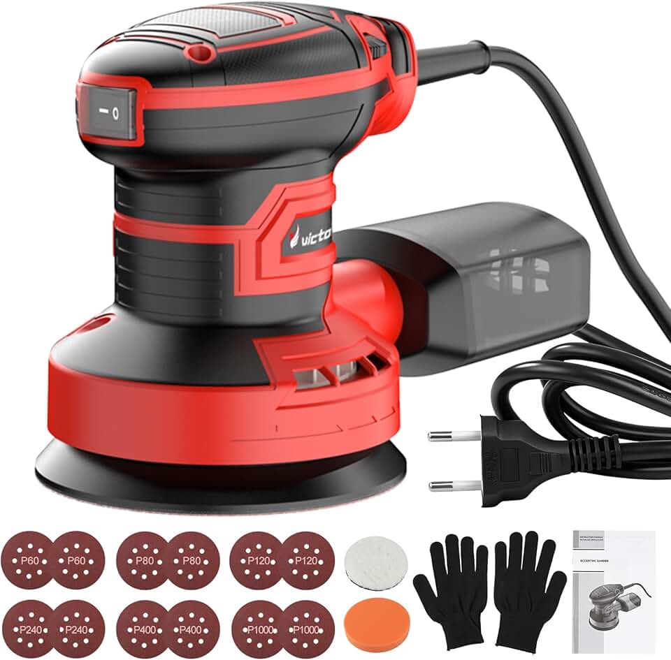 Lixadeira Roto Orbital Victool com 6 Velocidades Variáveis 5000-12000 RPM para Marcenaria, 12 Folhas de Lixa Inclusas, 125mm 550W 127V