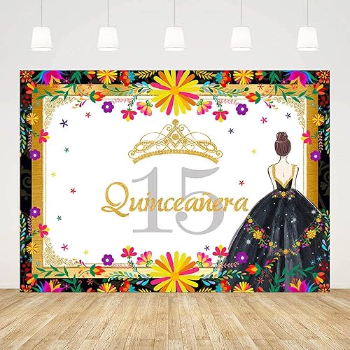 Miniatura 3 de Telón de fondo de quinceañera de 7 x 5 pies con temática mexicana de cumpleaños 15 para niñas, fondo de fotografía de princesa negro y dorado para