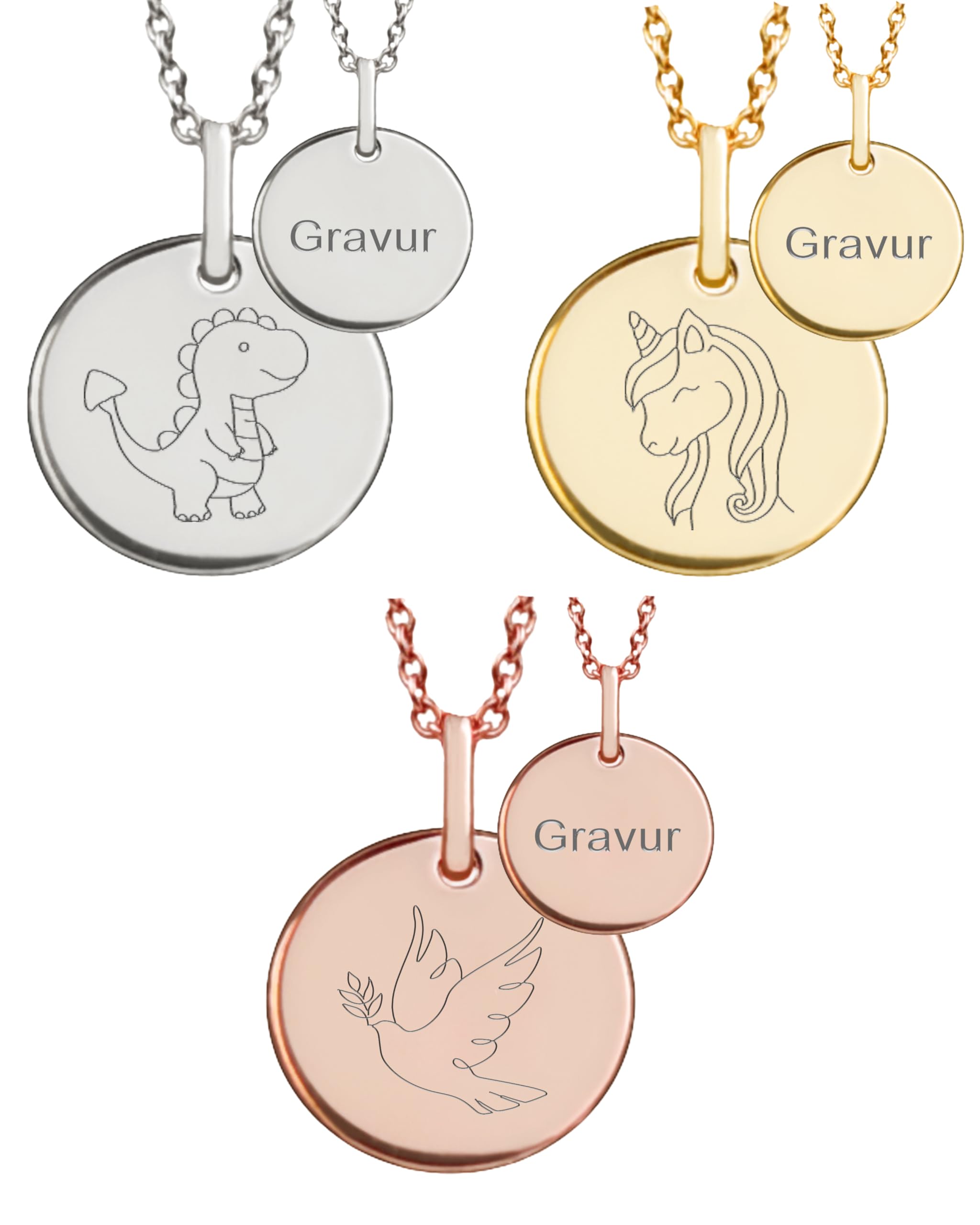 Amoonìc Kette Kinder personalisiert Silber 925 (Gold/Rosegold vergoldet) | Halskette Mädchen Jungen Ketten Anhänger mit Gravur Symbol (Einhorn, Regenbogen, Drache, Engel) Namen, Schmuck Geschenk Taufe