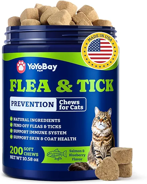 YoYoBay Flea and Tick Prevention for Cats - 200 Soft Chews Natural Cat Flea Treatment, Salmon & Blueberry Flavor - Flea Treatment for Cats, Cat Oral Flea, Immune Support Supplement