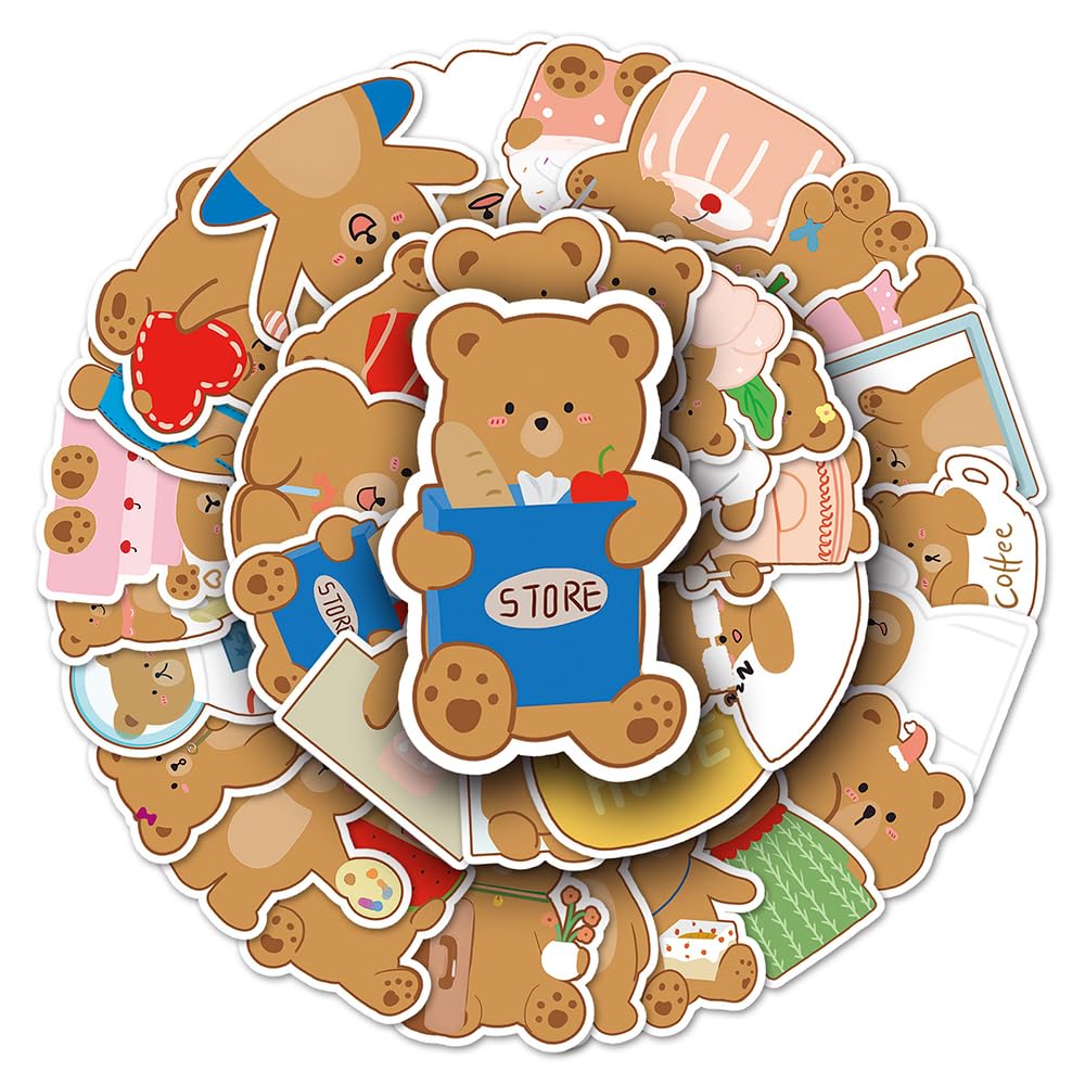 Lovely Bear Vinyl Stickers, 50 PCS Waterproof Illustrated Animal Decals for Laptops Scrapbooking, Journals, Notebooks